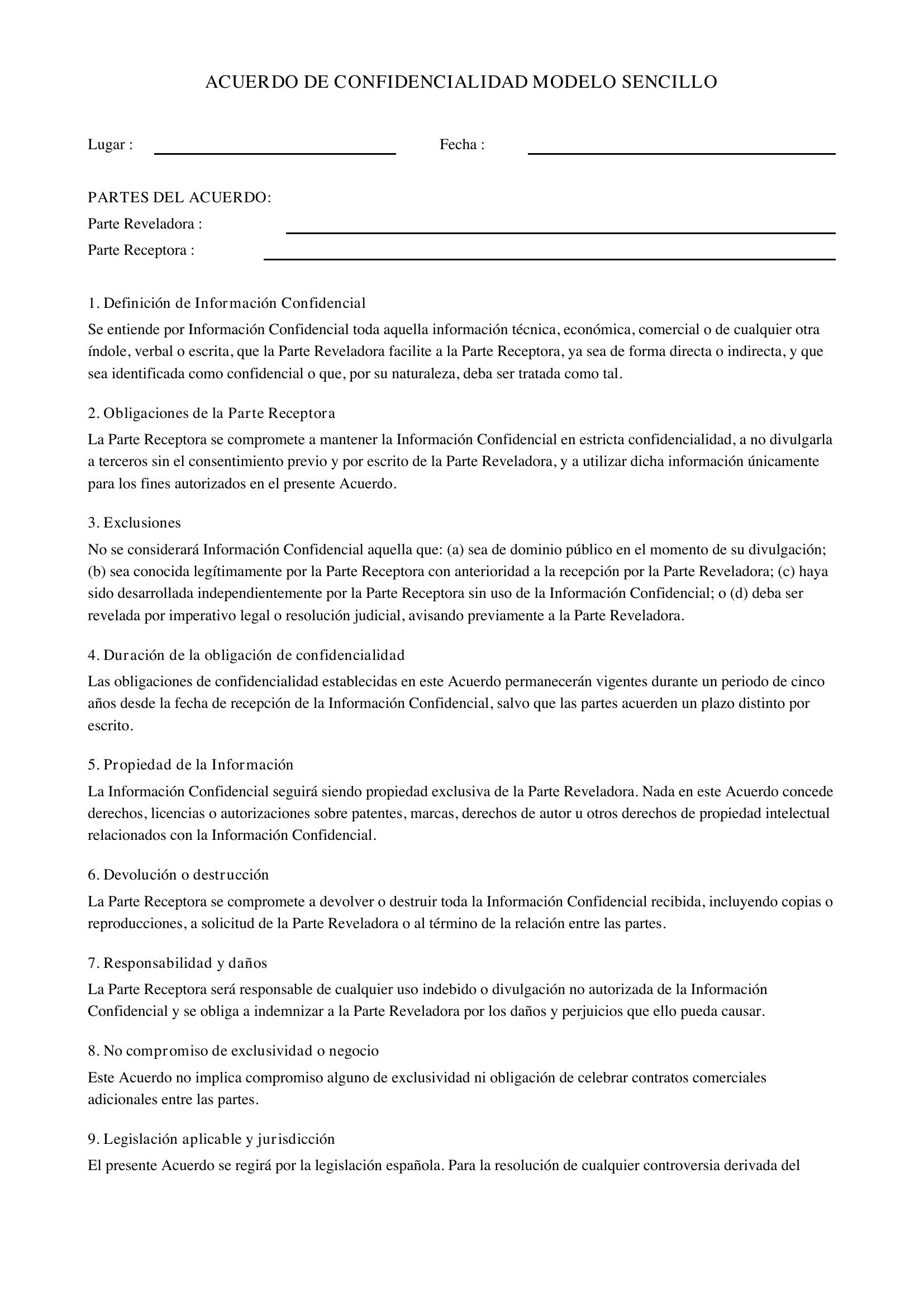 Acuerdo De Confidencialidad Modelo Sencillo