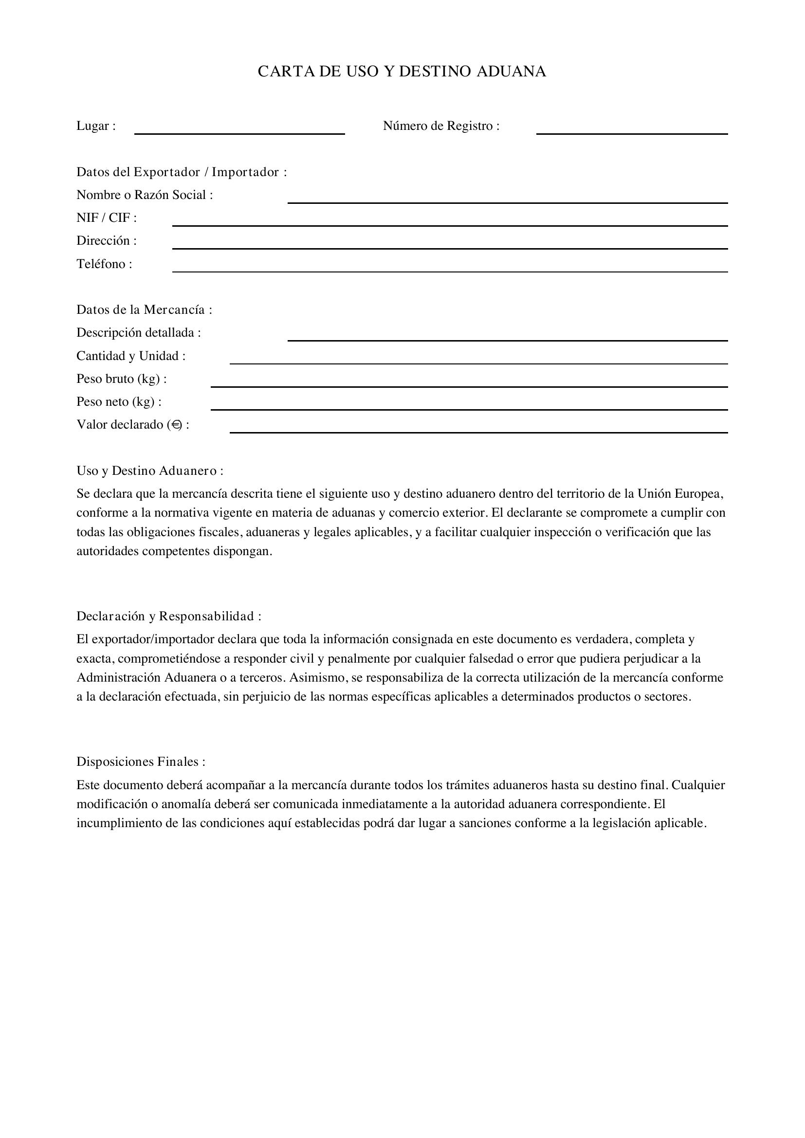 Carta De Uso Y Destino Aduana