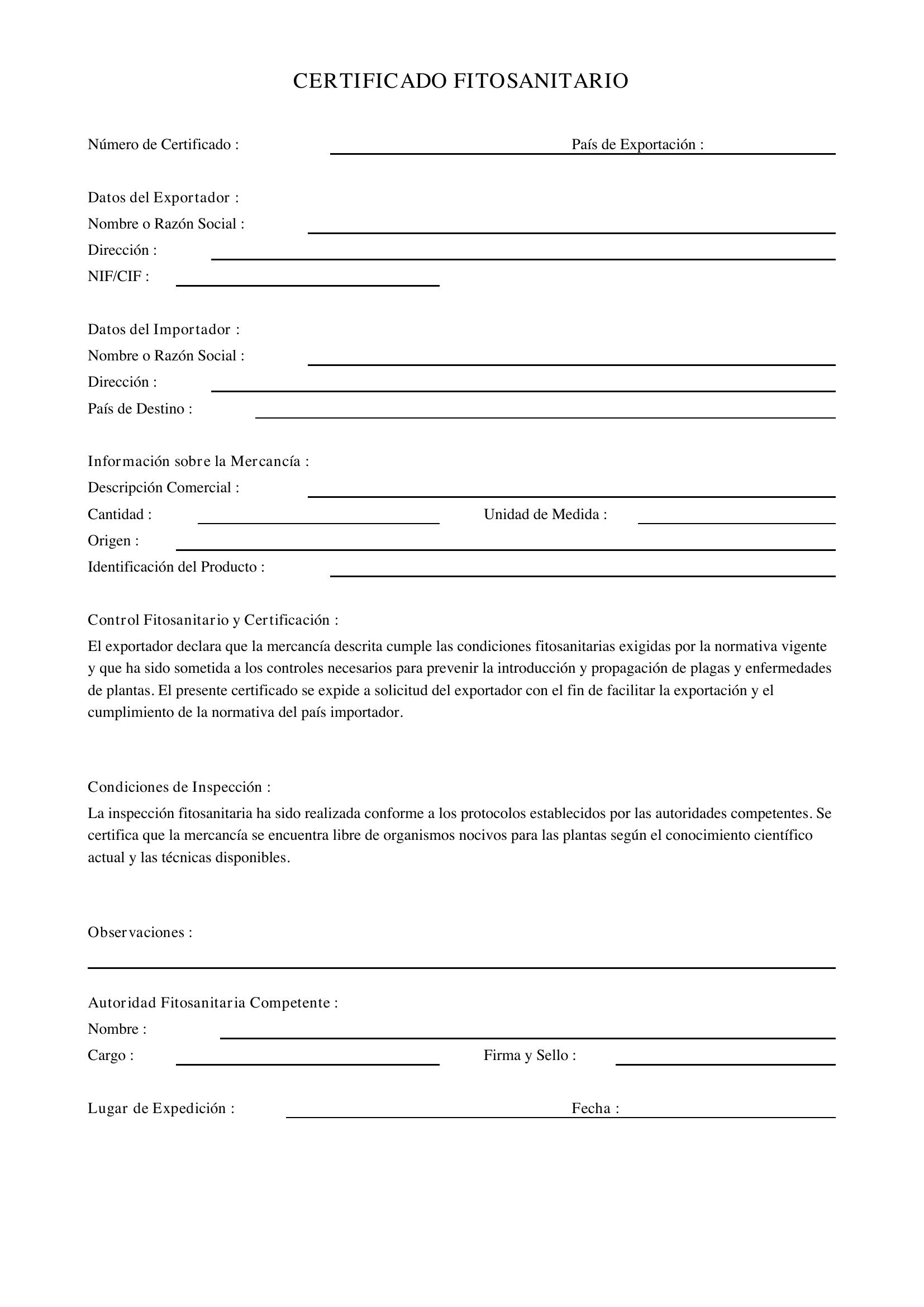 Certificado Fitosanitario Formato