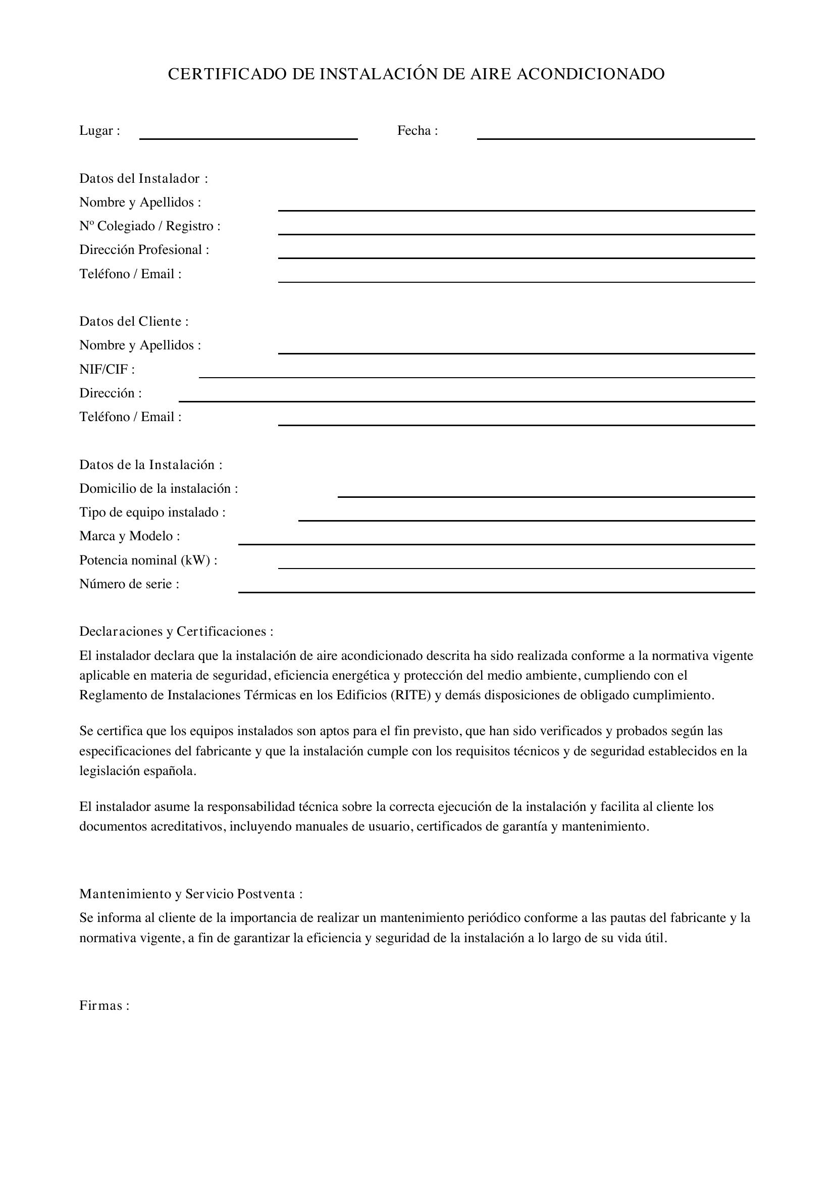 Certificado Instalación Aire Acondicionado