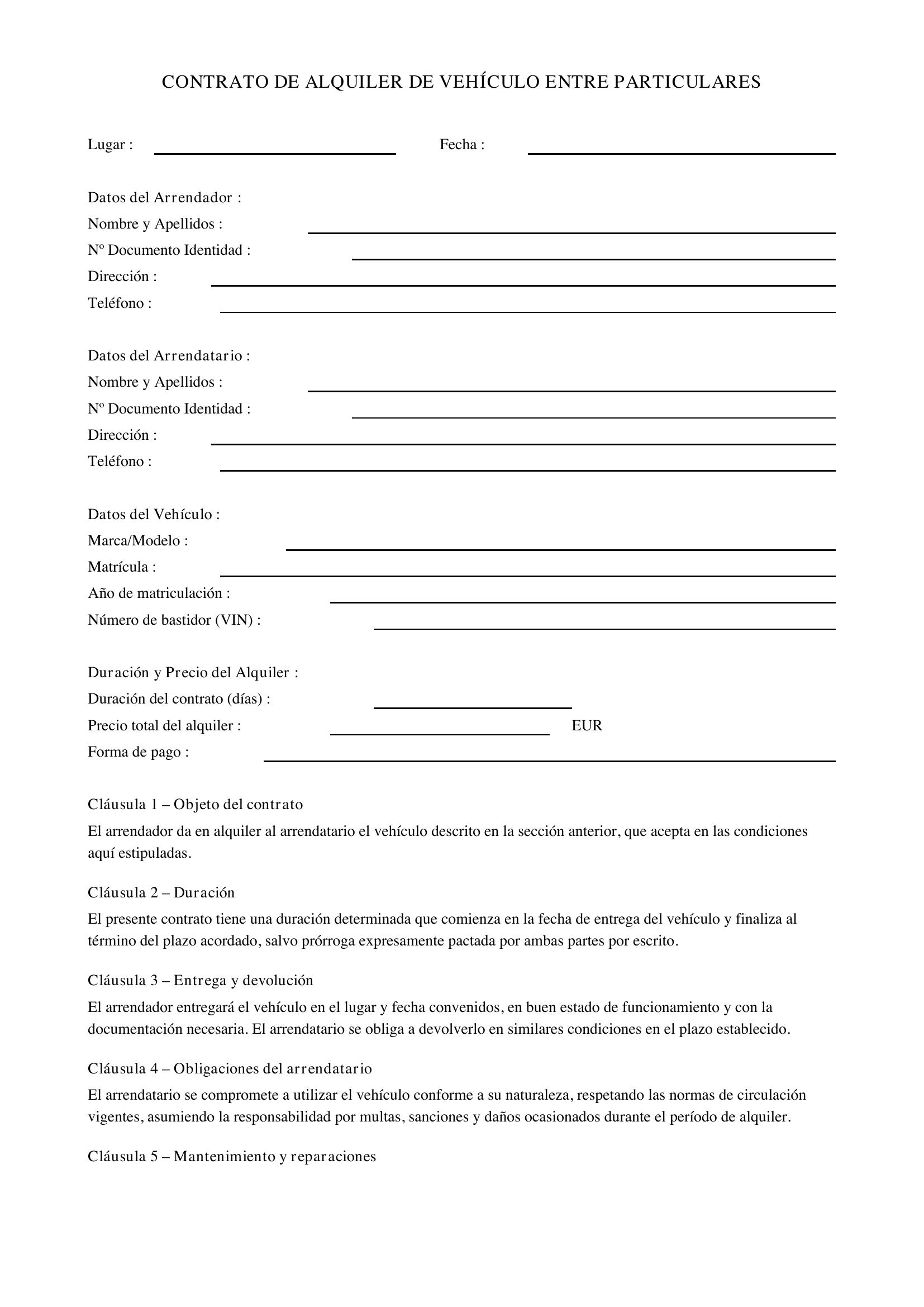 Contrato Alquiler Coche Entre Particulares