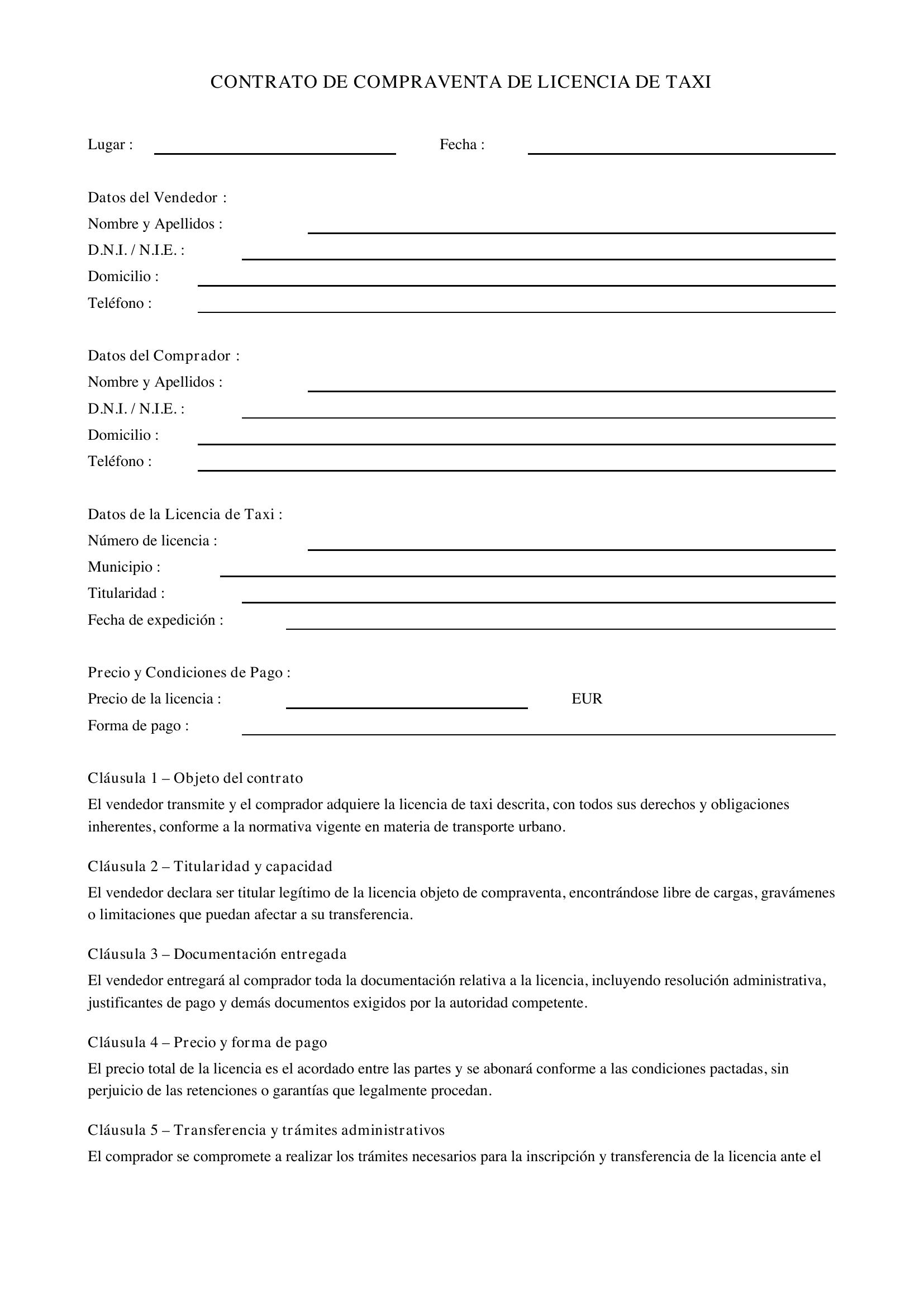 Contrato Compraventa Licencia Taxi