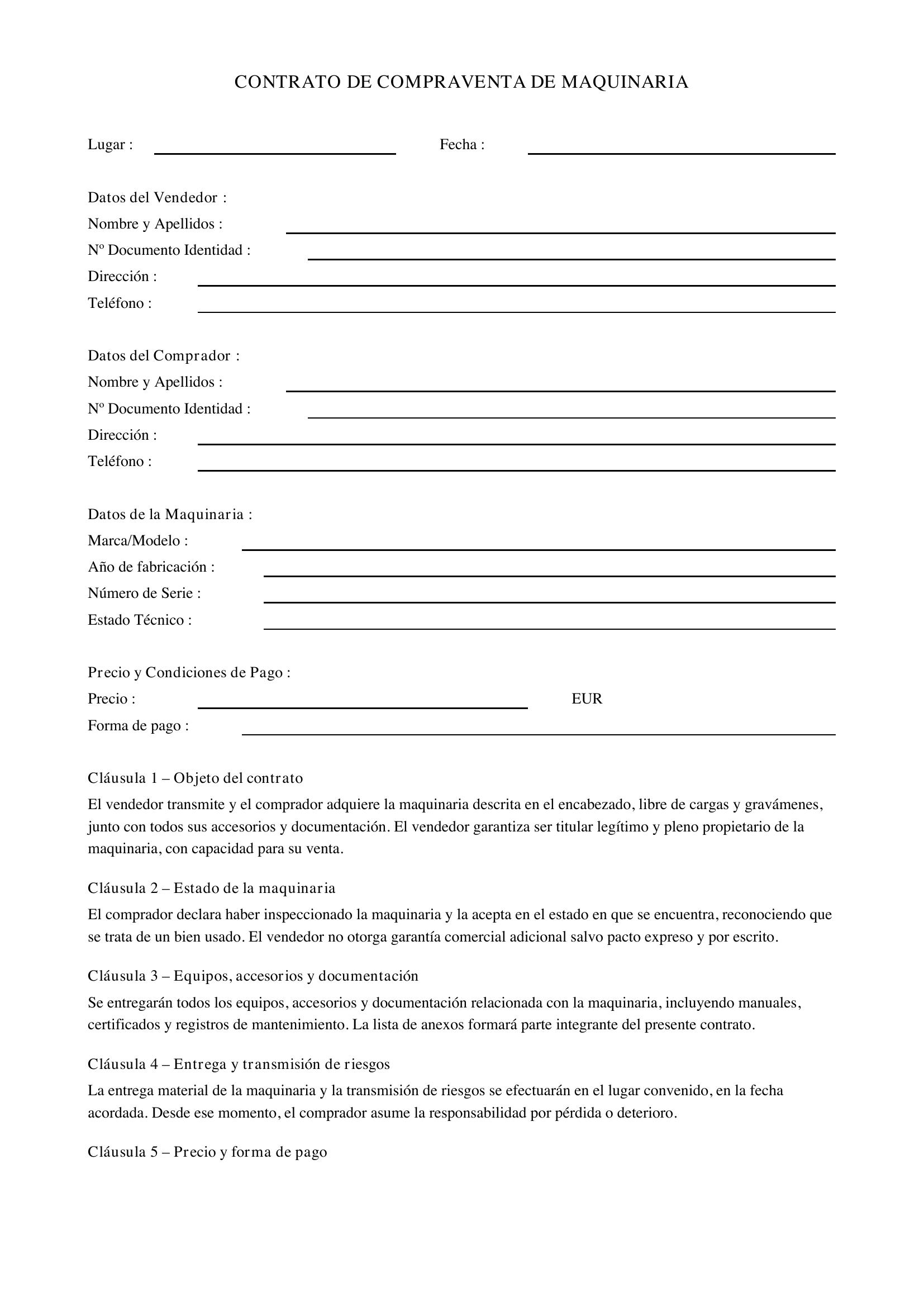 Contrato Compraventa Maquinaria