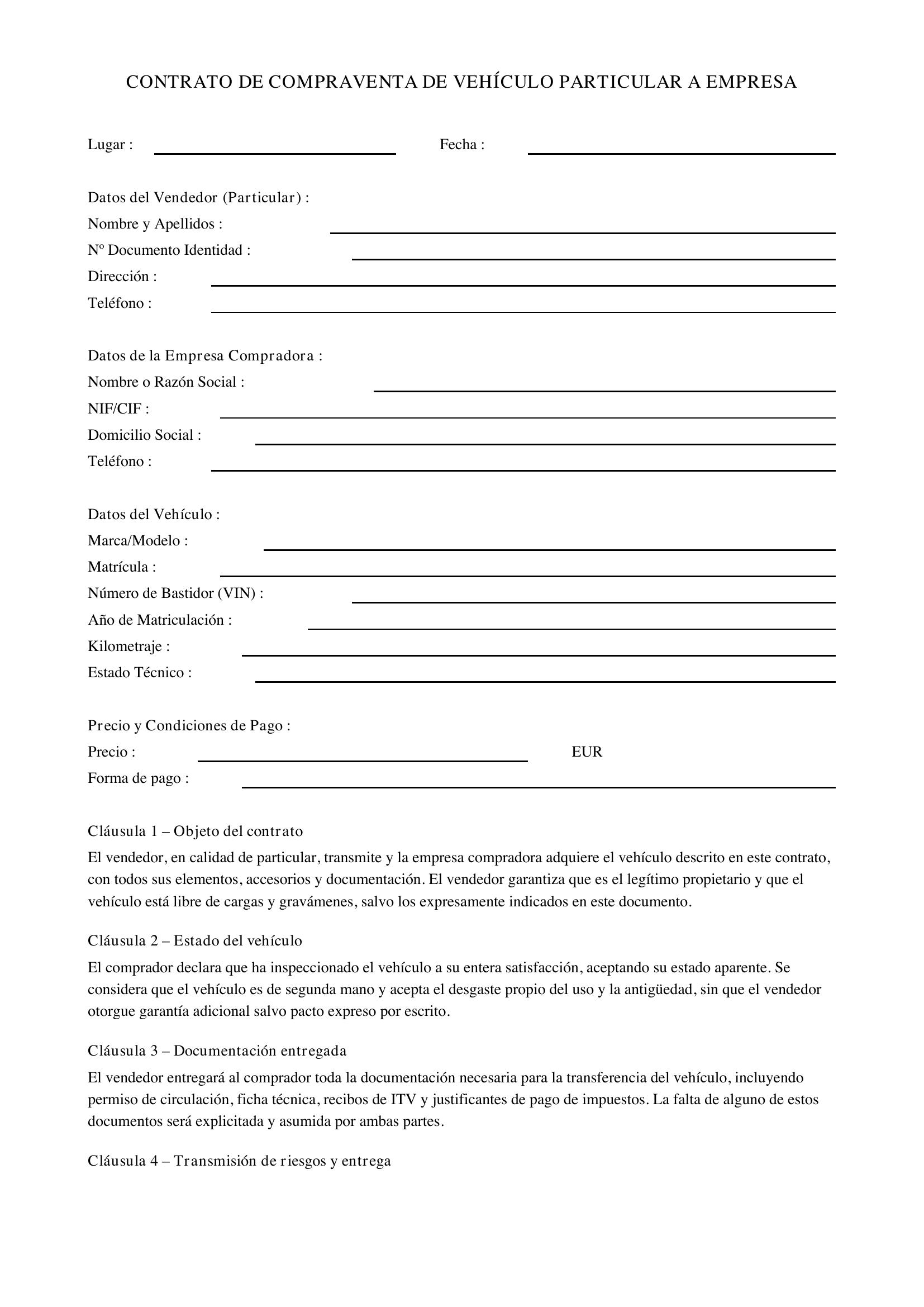Contrato Compraventa Vehiculo Particular A Empresa