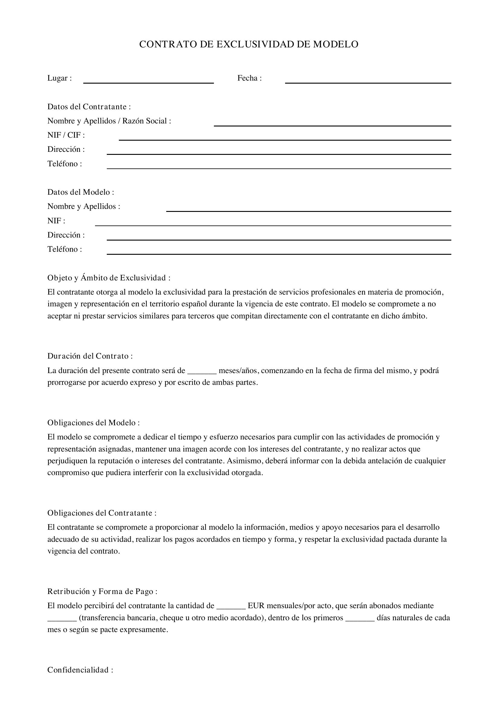 Contrato De Exclusividad Modelo