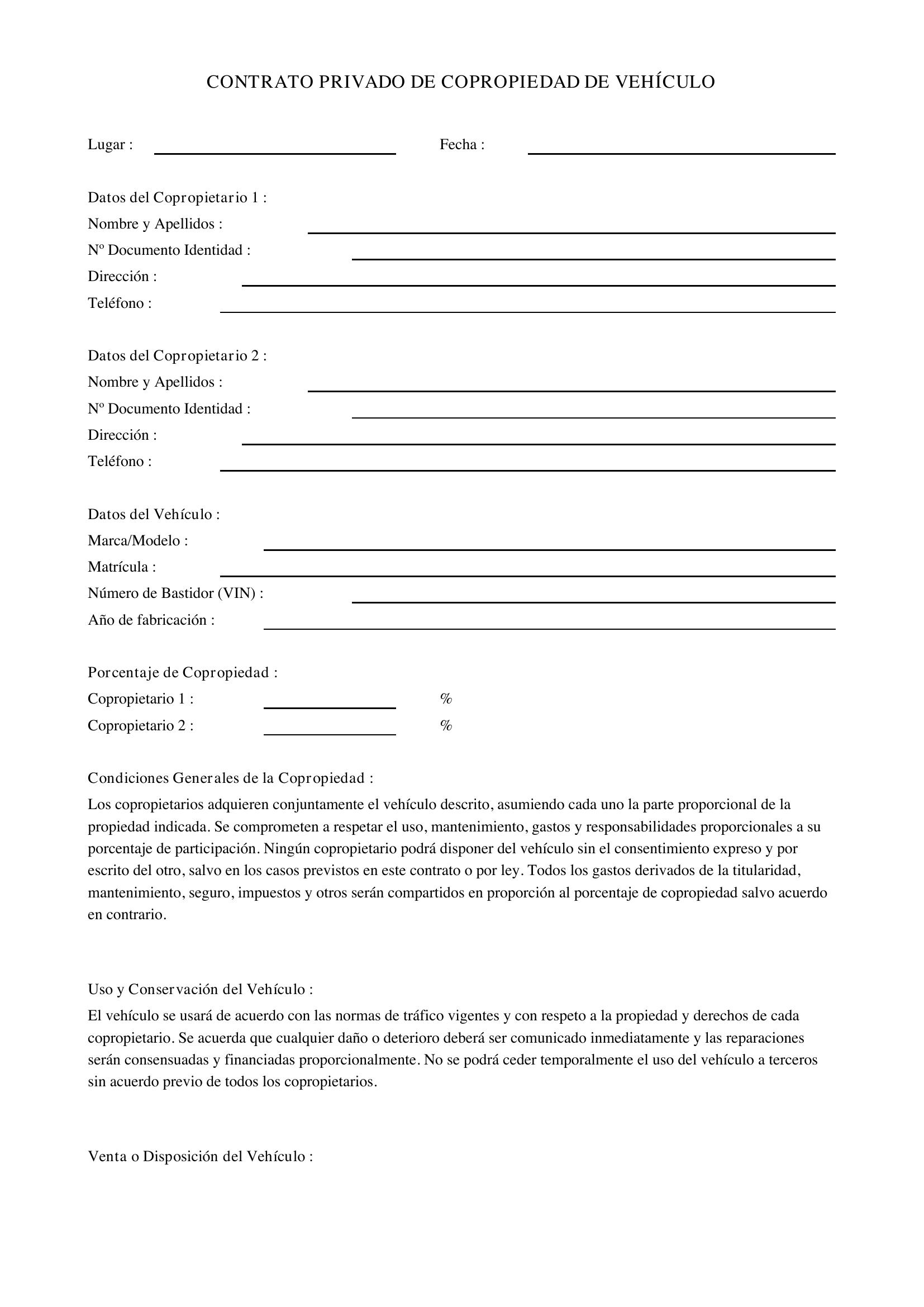 Contrato Privado De Copropiedad De Vehículo