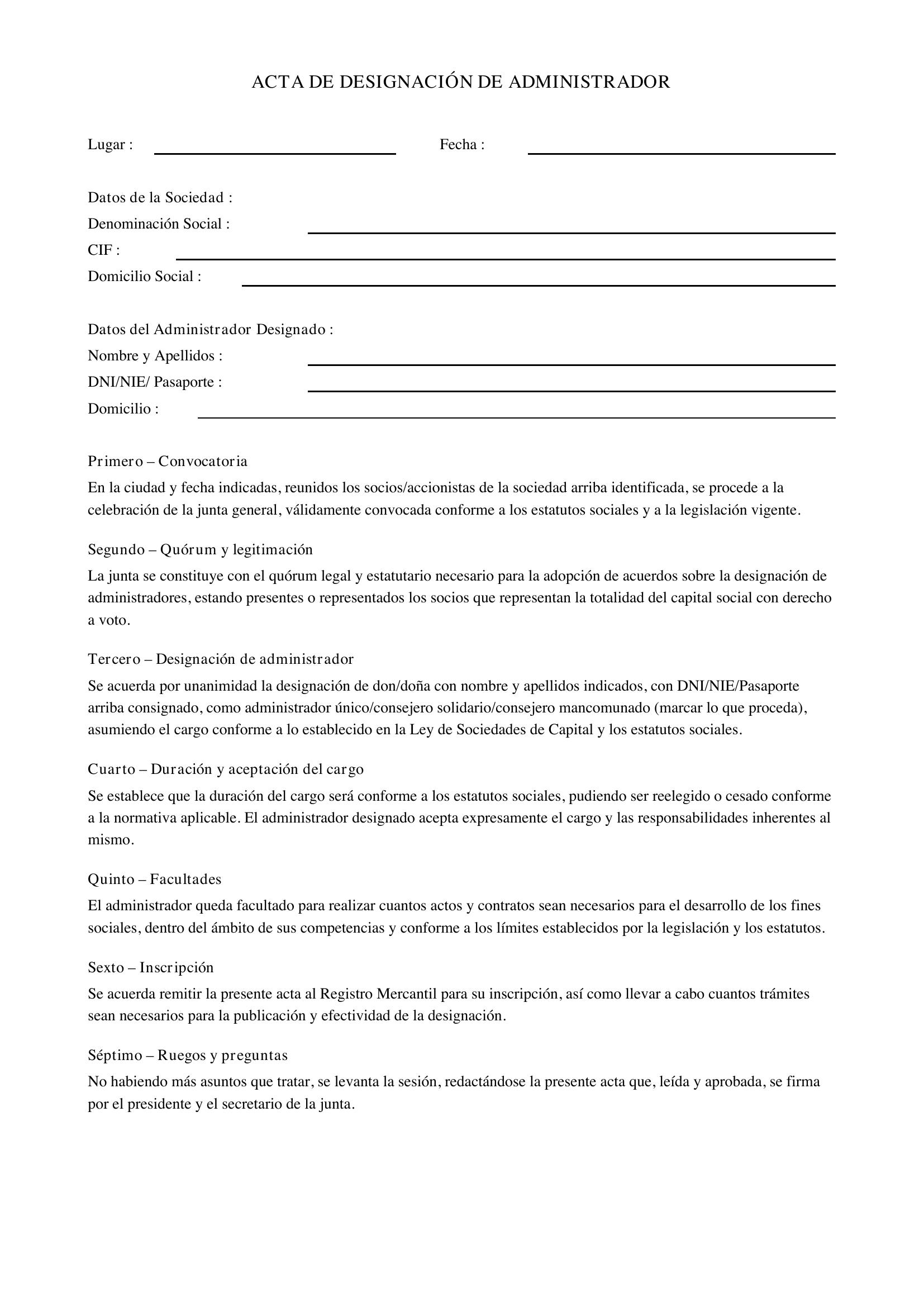 Modelo Acta De Designación De Administrador