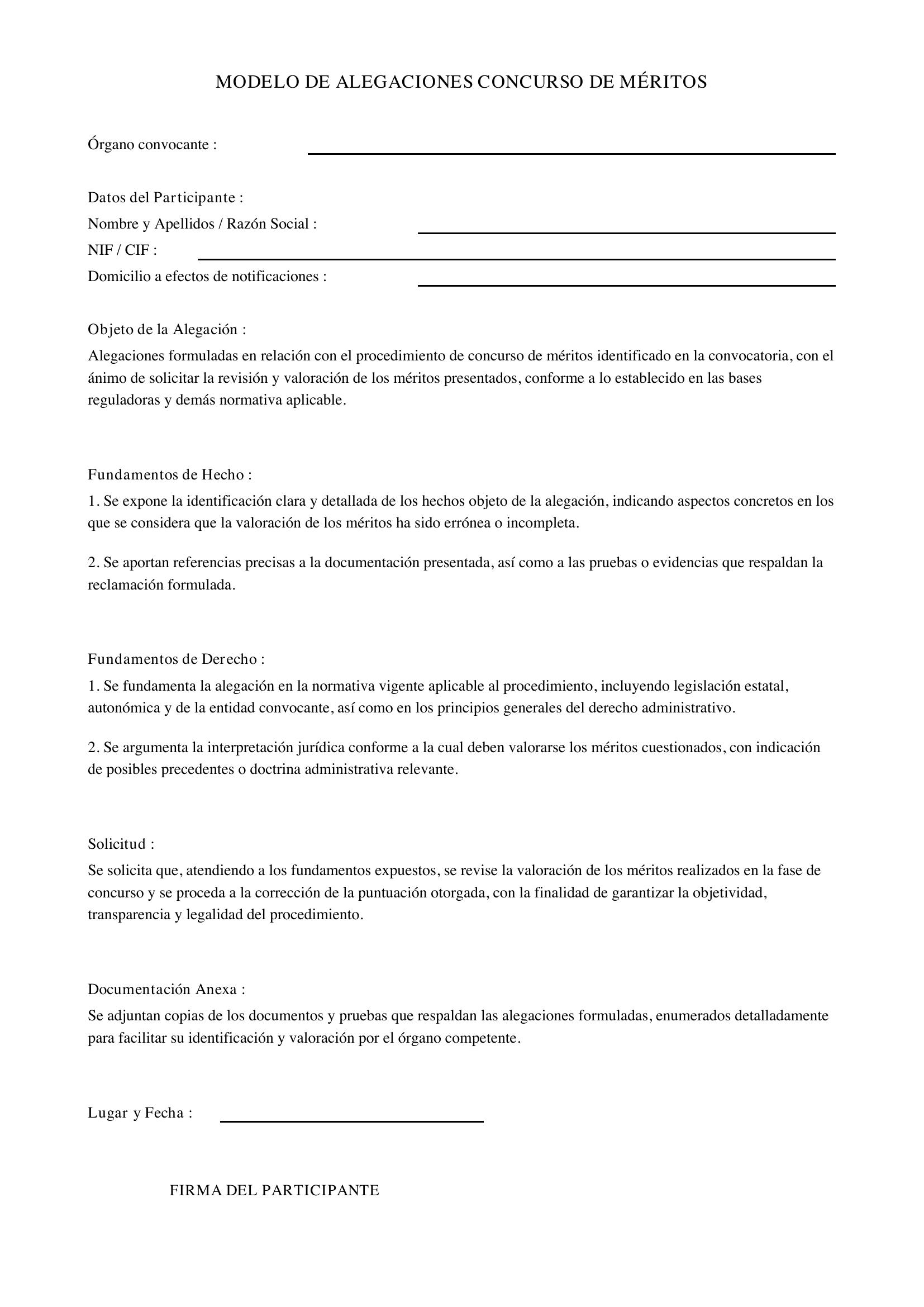 Modelo Alegaciones Concurso Méritos