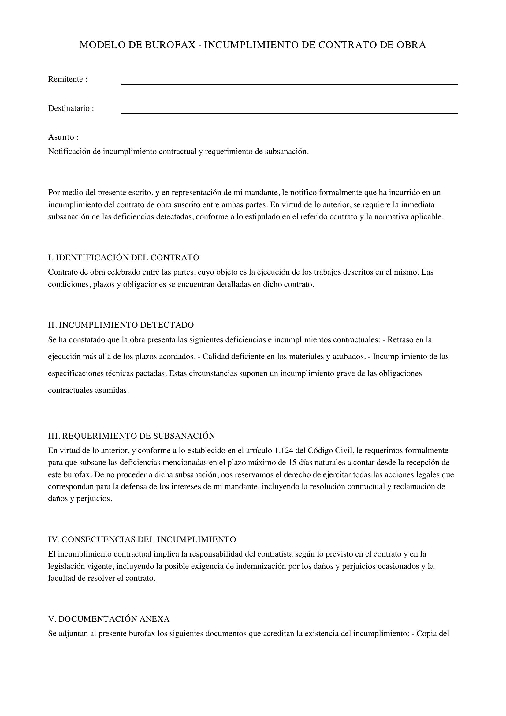 Modelo Burofax Incumplimiento Contrato Obra
