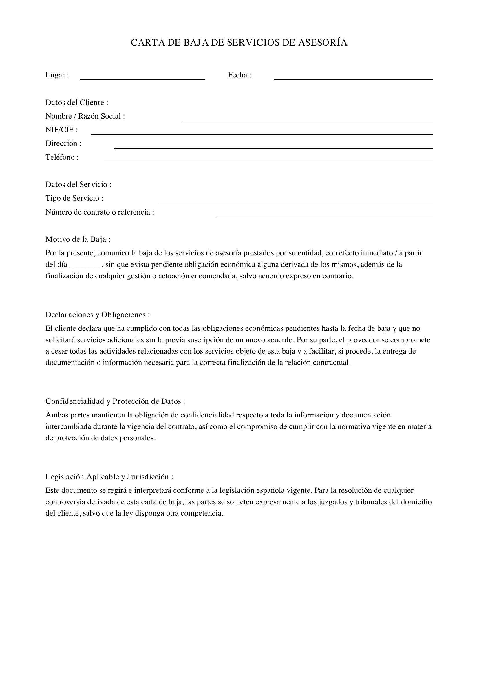 Modelo Carta Baja Servicios Asesoría