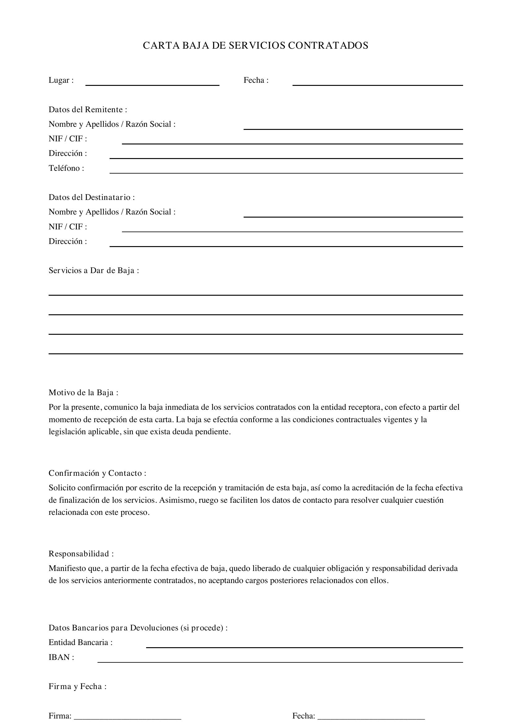Modelo Carta Baja Servicios Contratados