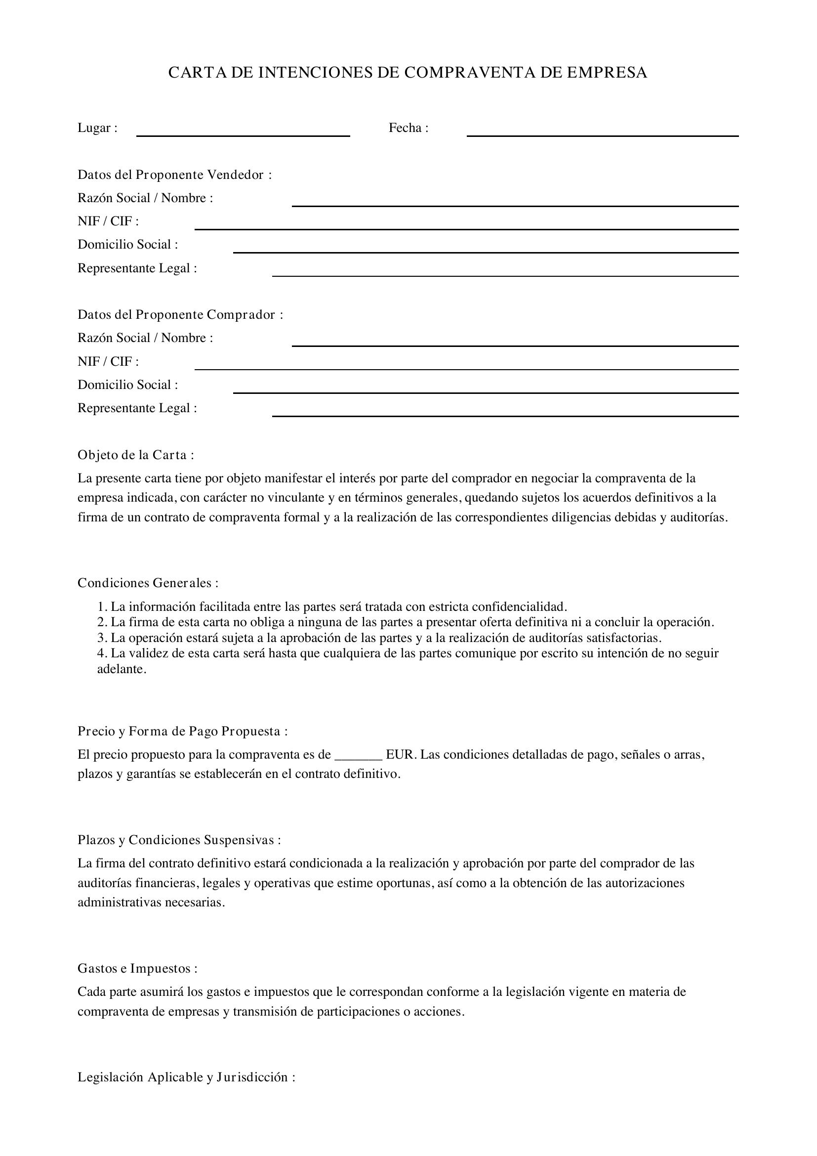 Modelo Carta De Intenciones Compraventa Empresa