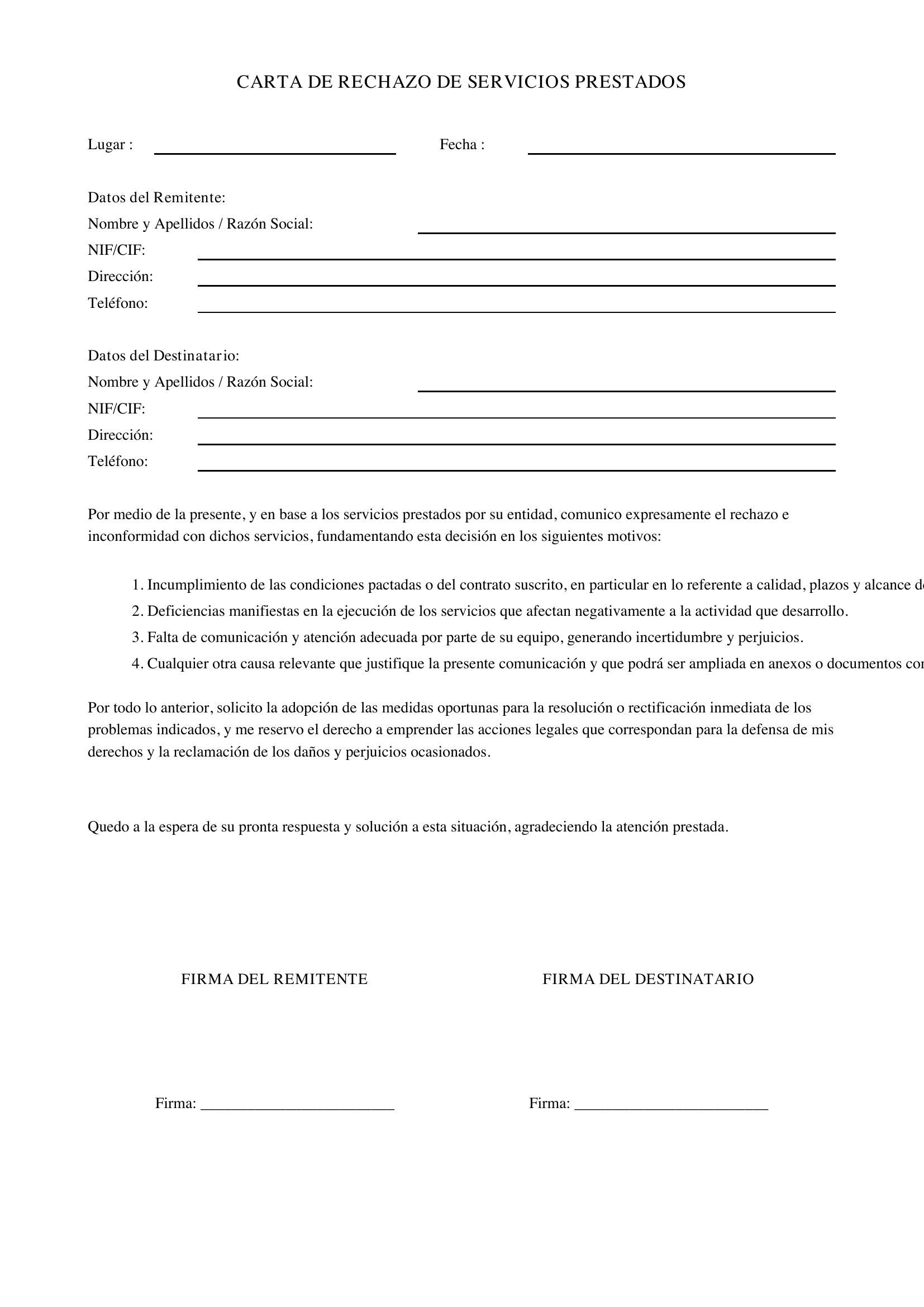 Modelo Carta Rechazo Servicios