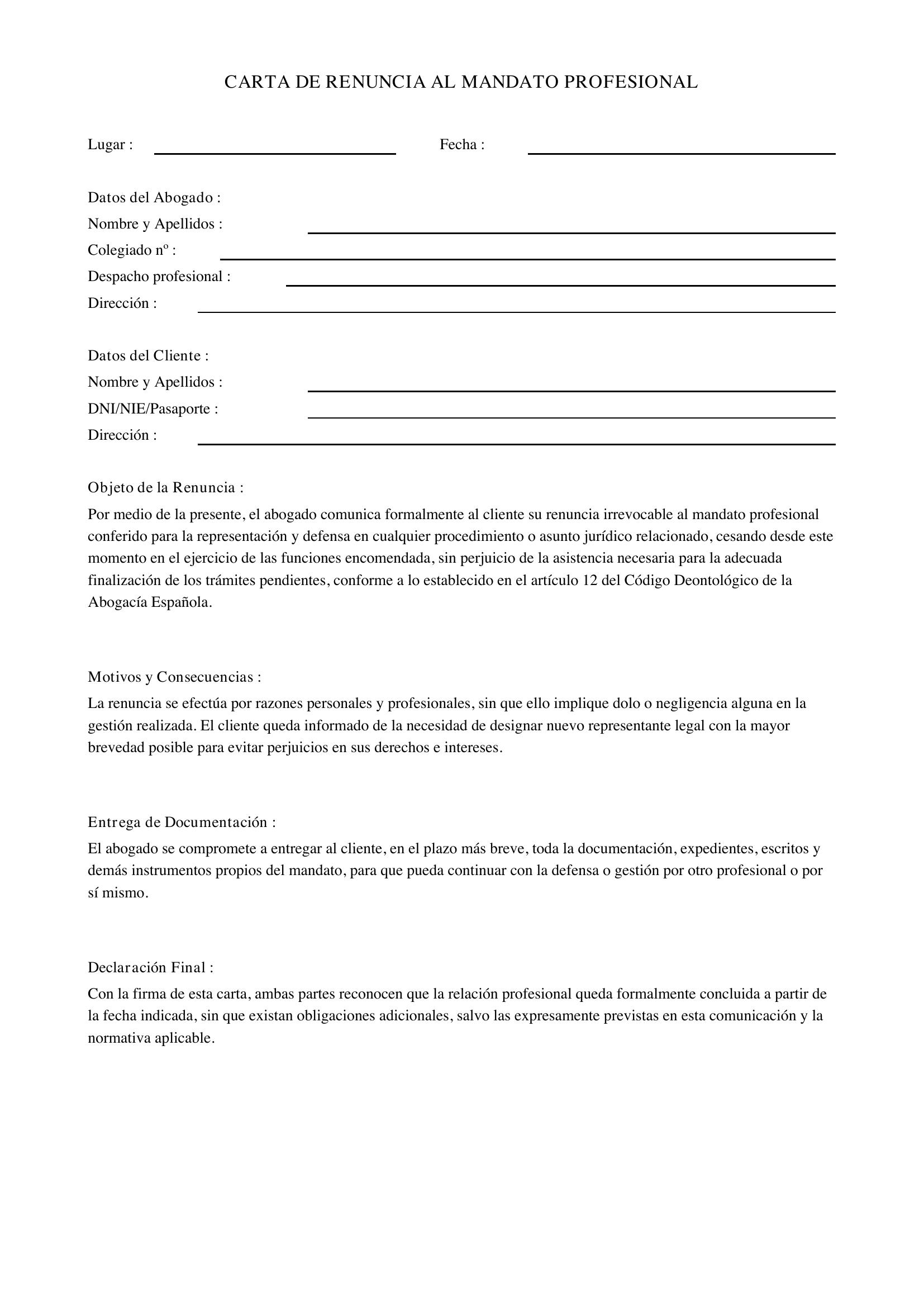 Modelo Carta Renuncia Abogado-Cliente