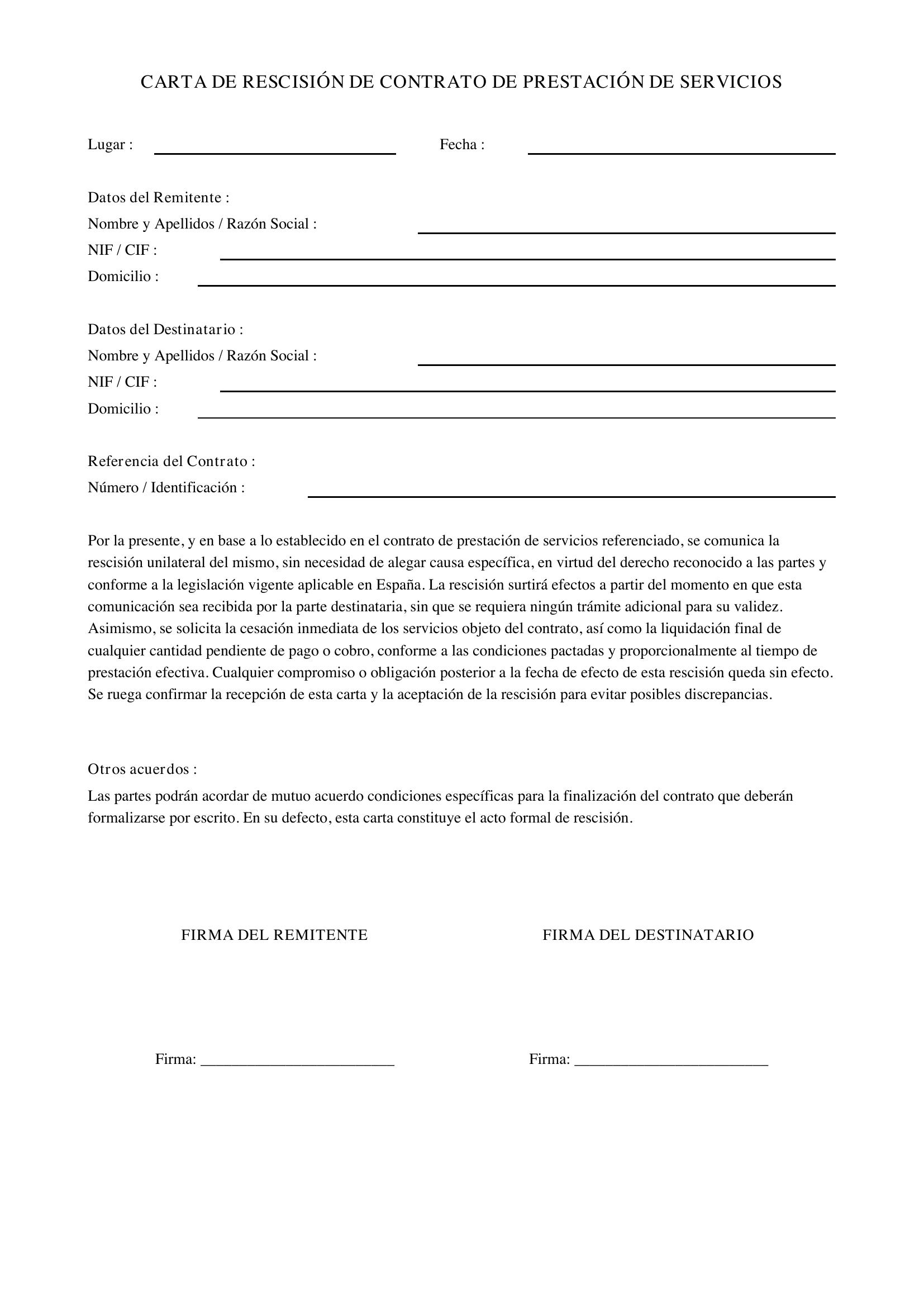 Modelo Carta Rescisión Contrato Prestación Servicios