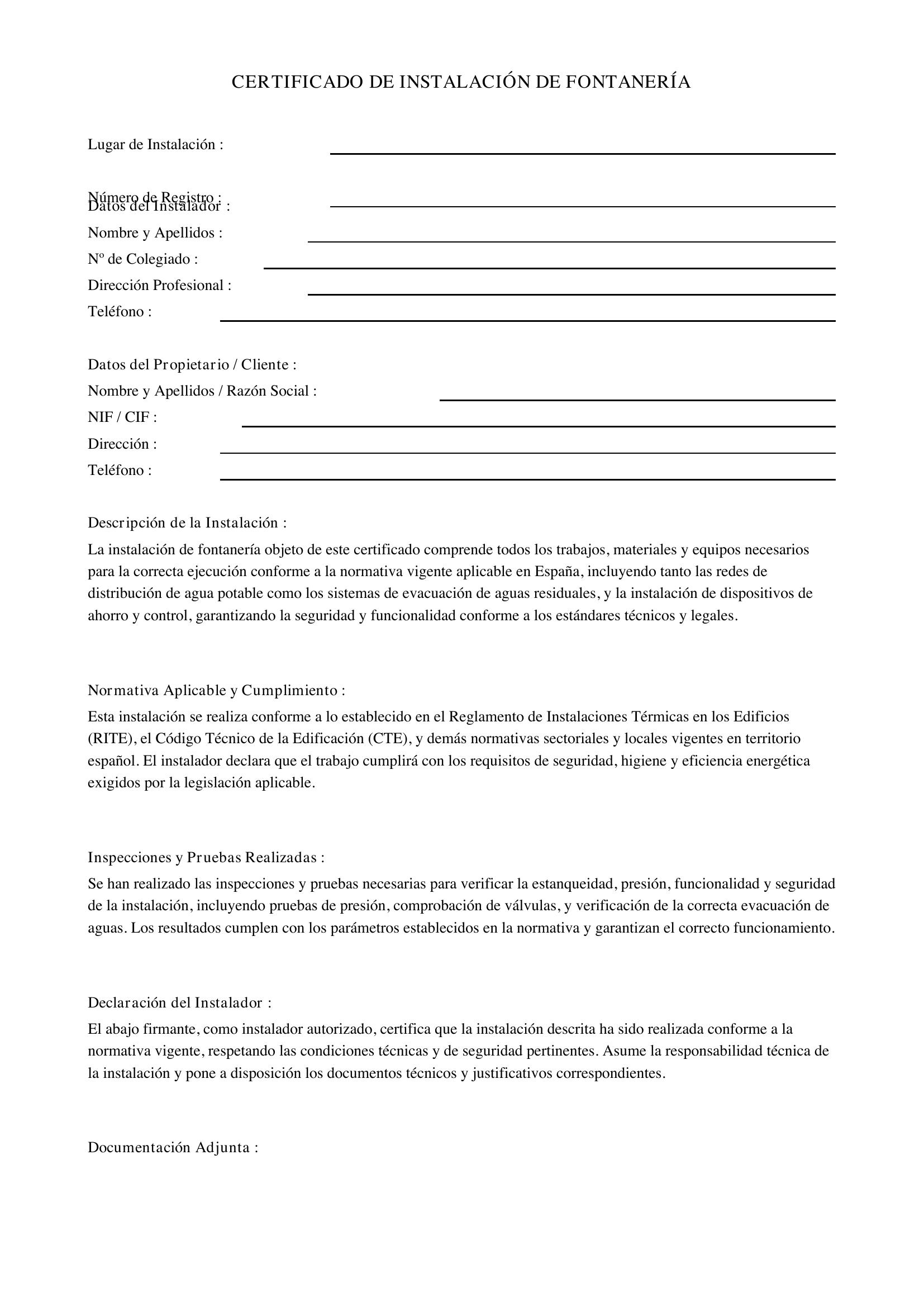 Modelo Certificado Instalación Fontanería