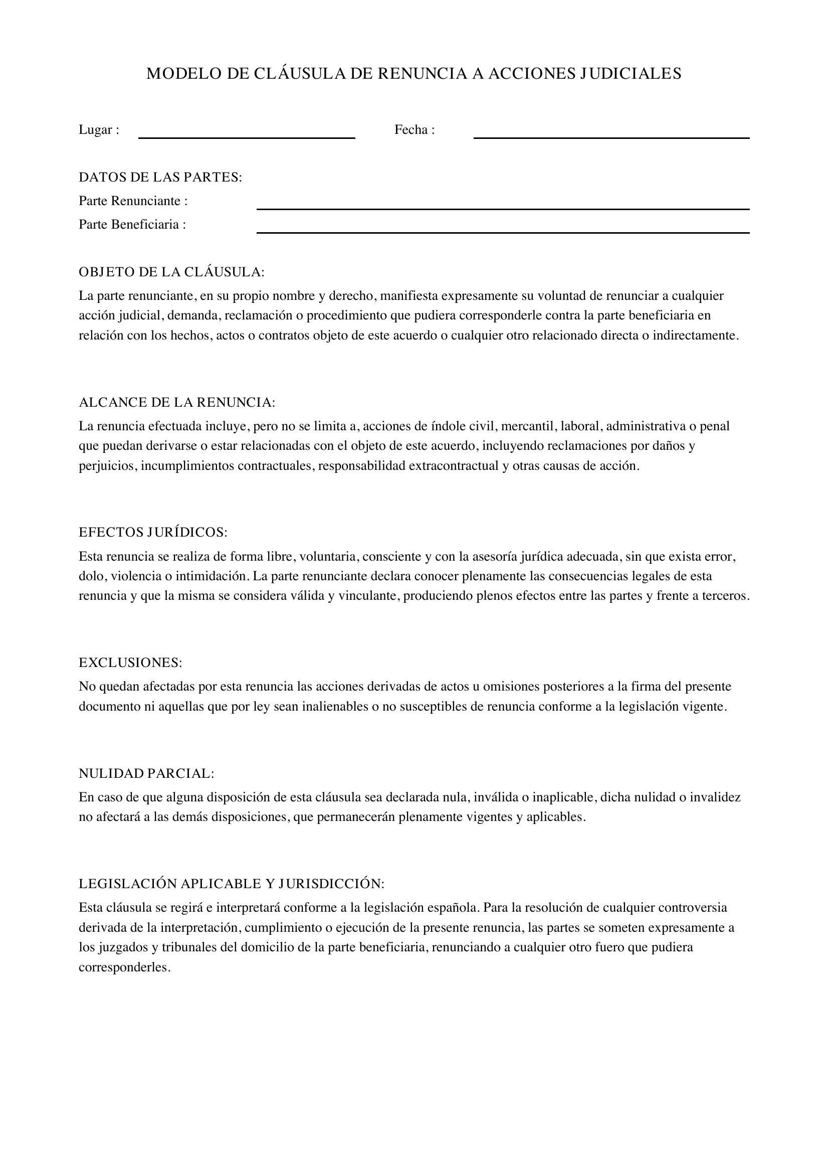 Modelo Cláusula De Renuncia A Acciones Judiciales