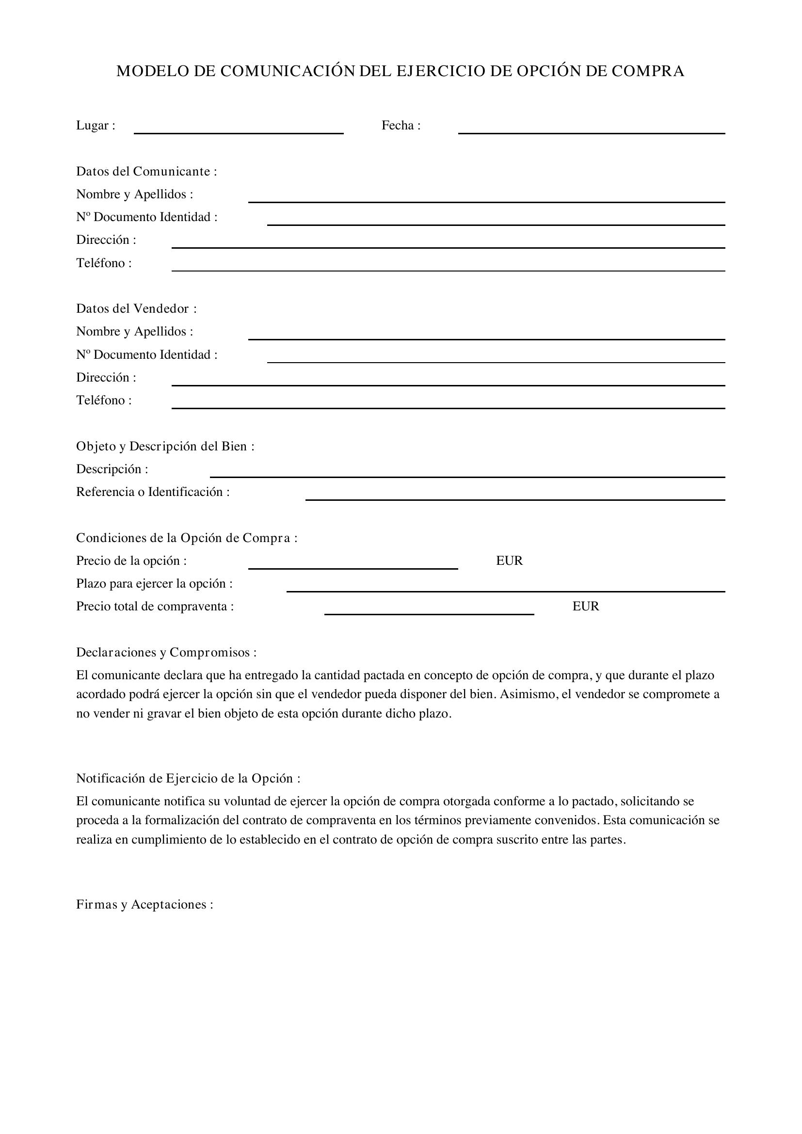 Modelo Comunicación Ejercicio Opción De Compra