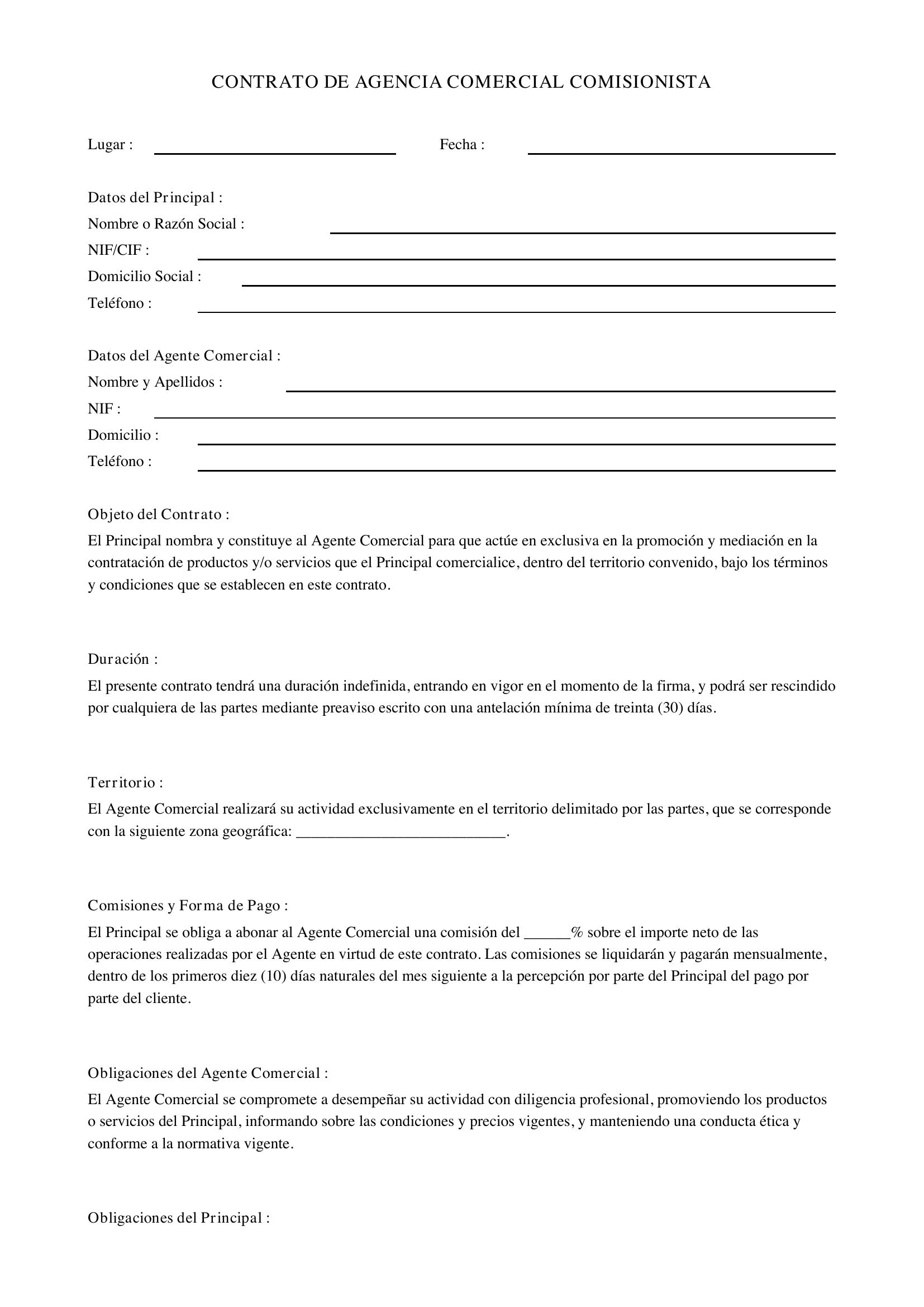 Modelo Contrato Agente Comercial Comisionista