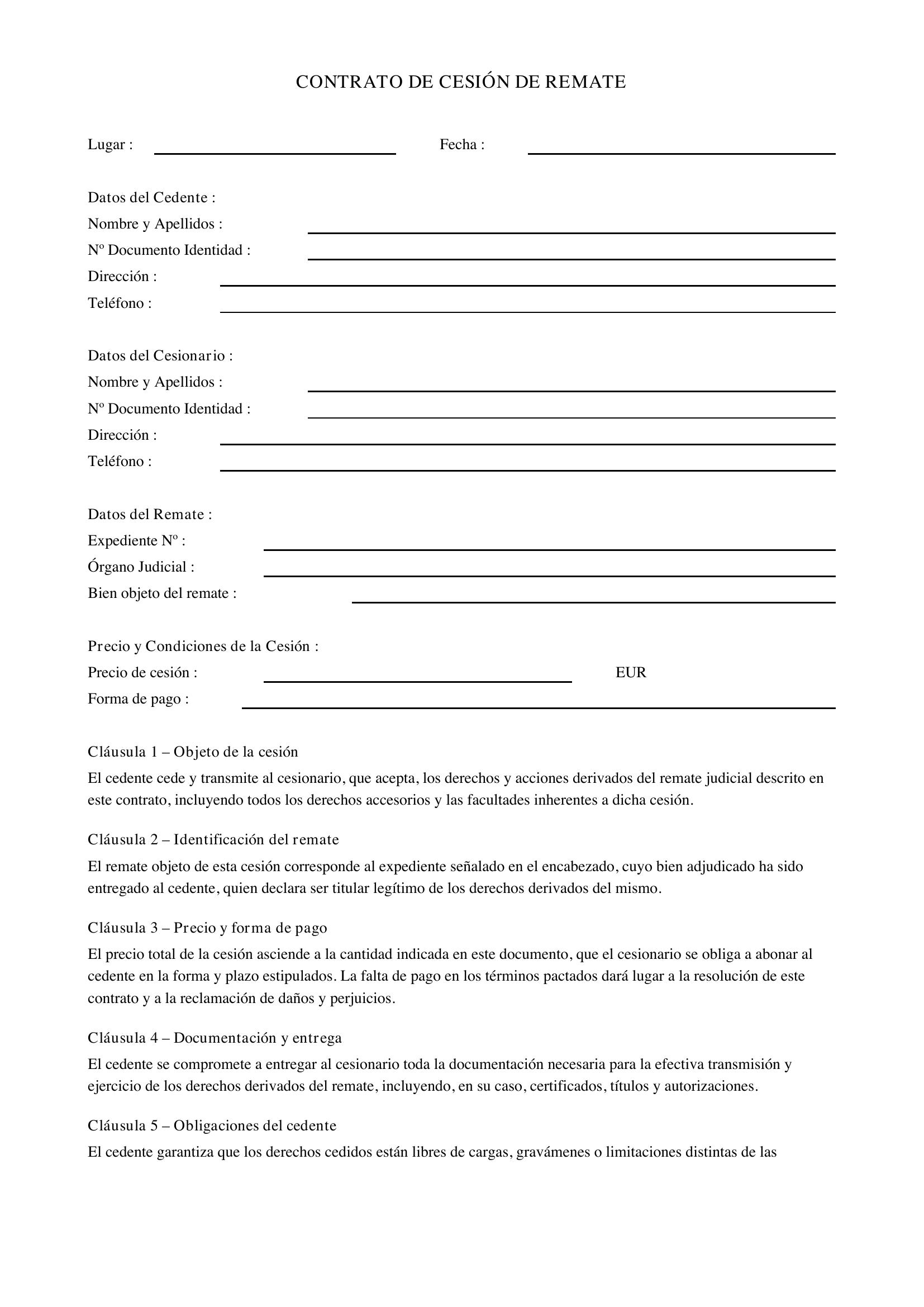 Modelo Contrato Cesión De Remate