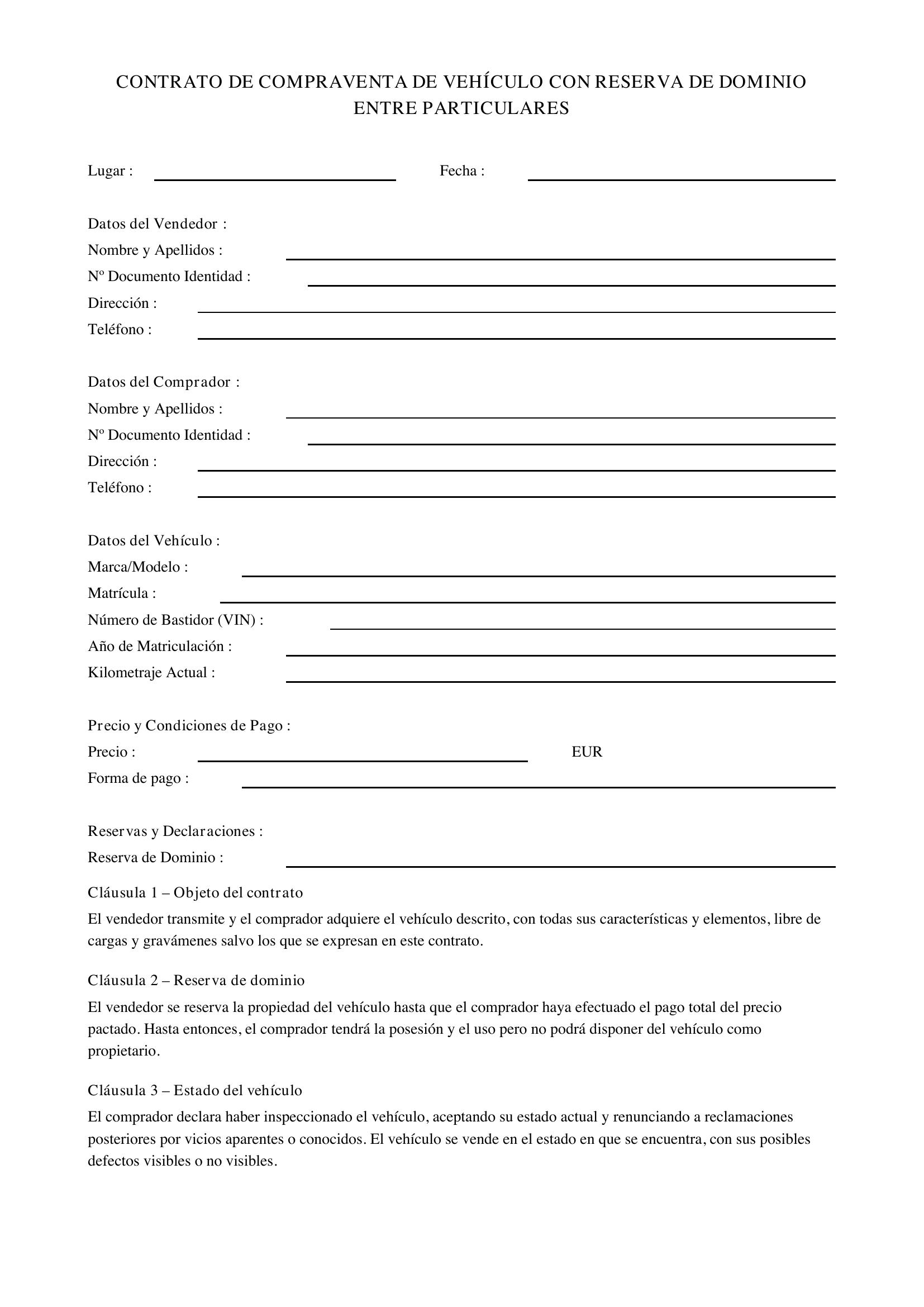 Modelo Contrato Compraventa Coche Con Reserva De Dominio Entre Particulares