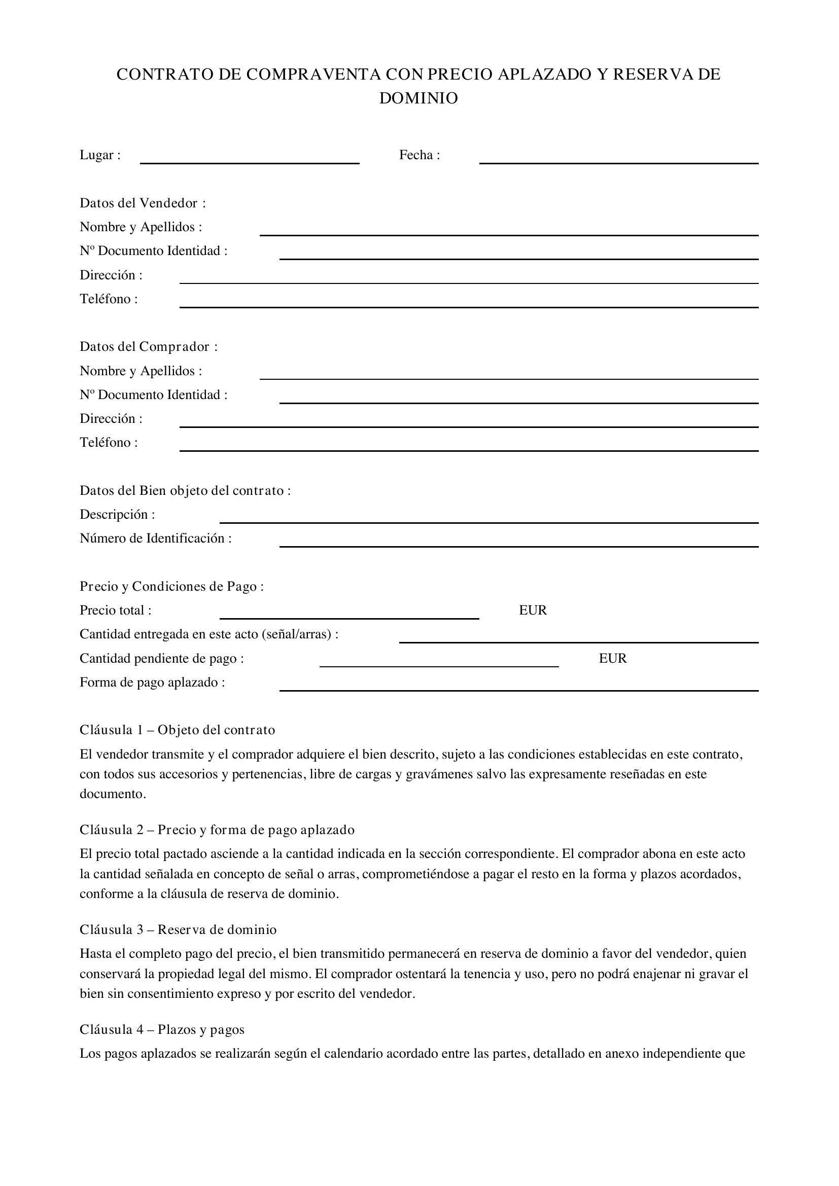 Modelo Contrato De Compraventa Con Precio Aplazado Y Reserva De Dominio