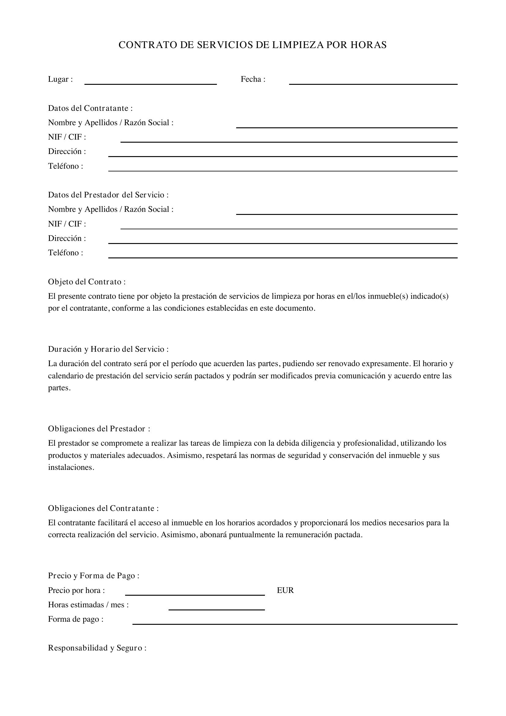 Modelo Contrato De Limpieza Por Horas