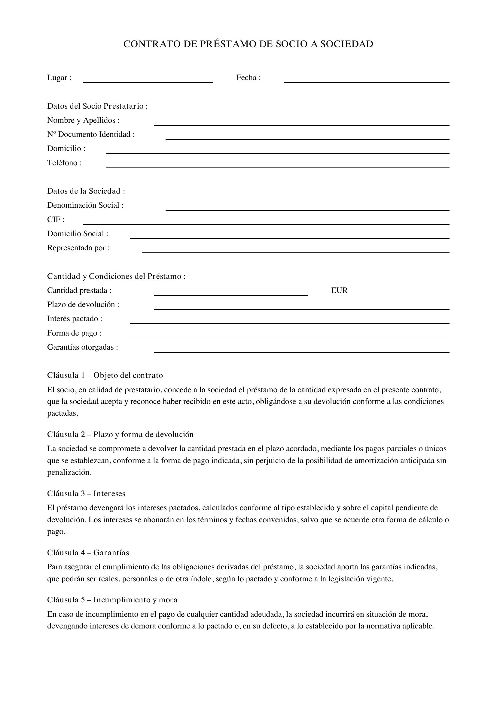 Modelo Contrato De Préstamo De Socio A Sociedad
