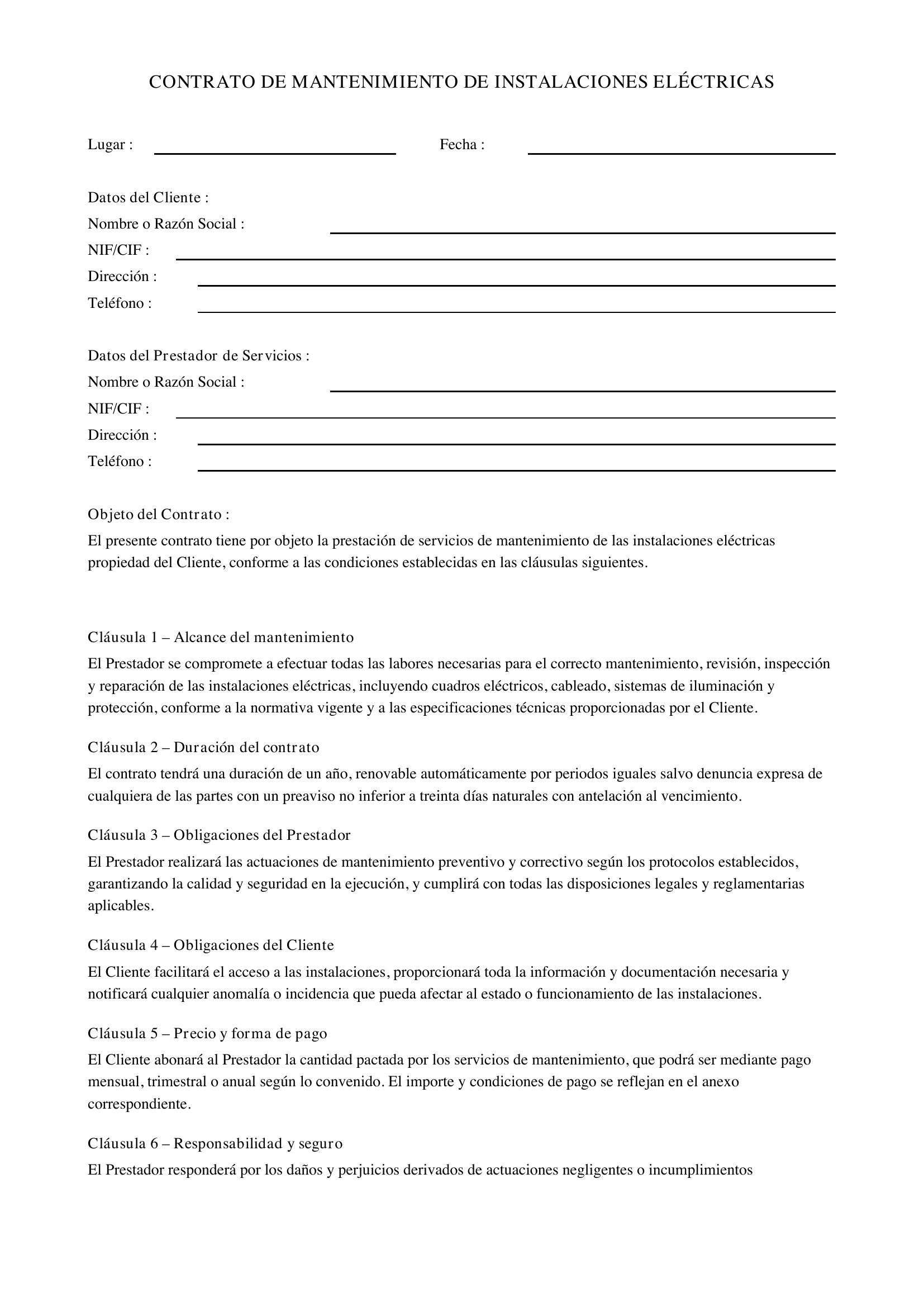 Modelo Contrato Mantenimiento Instalaciones Eléctricas