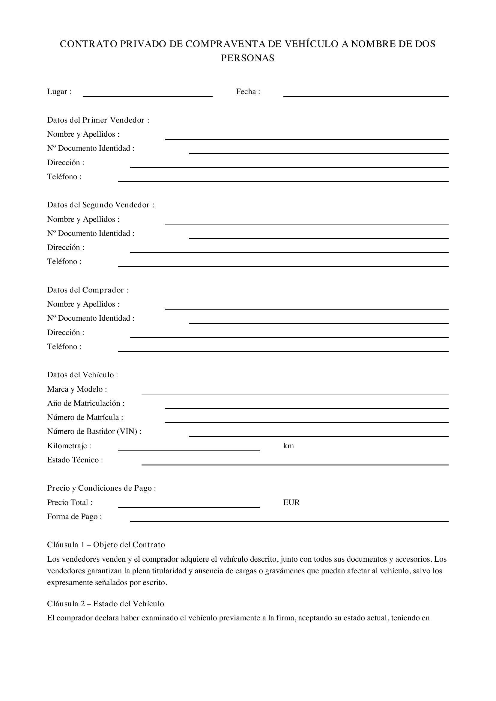 Modelo Contrato Privado De Coche A Nombre De Dos Personas