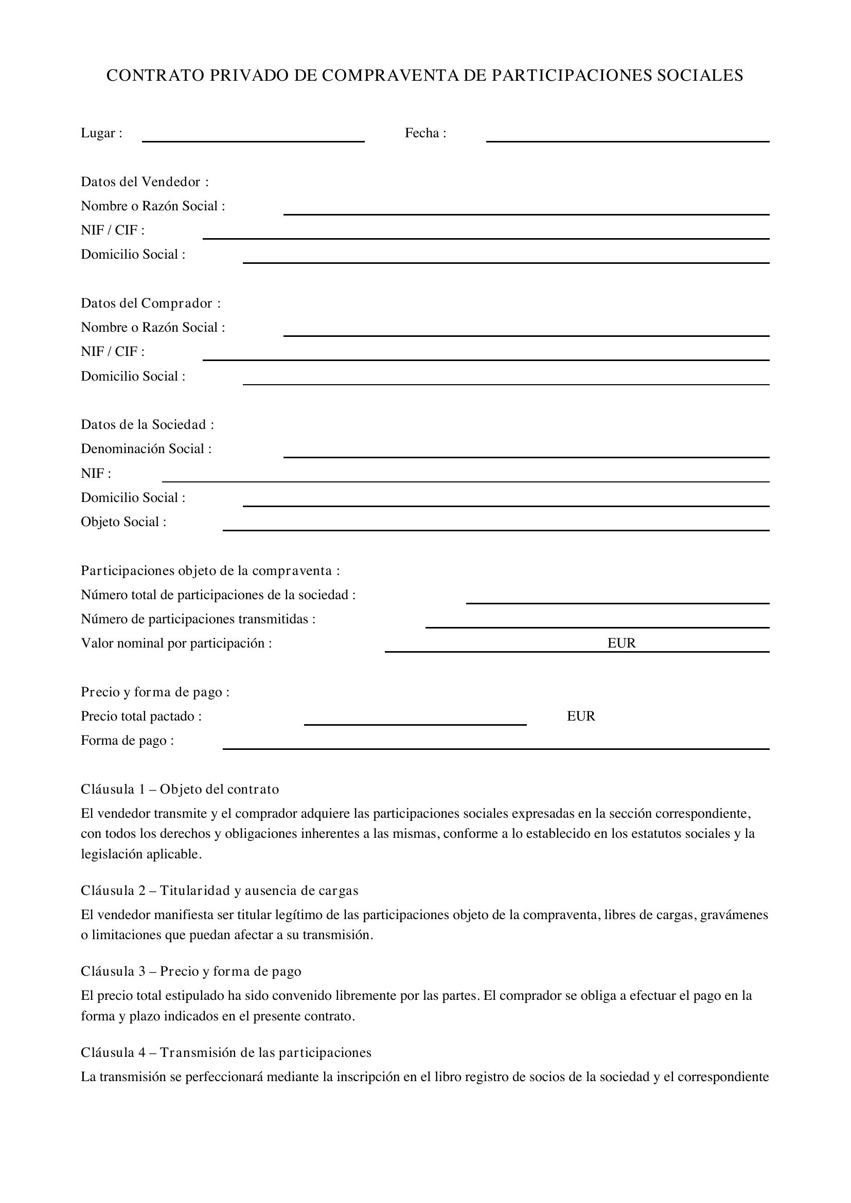 Modelo Contrato Privado De Compraventa De Participaciones Sociales