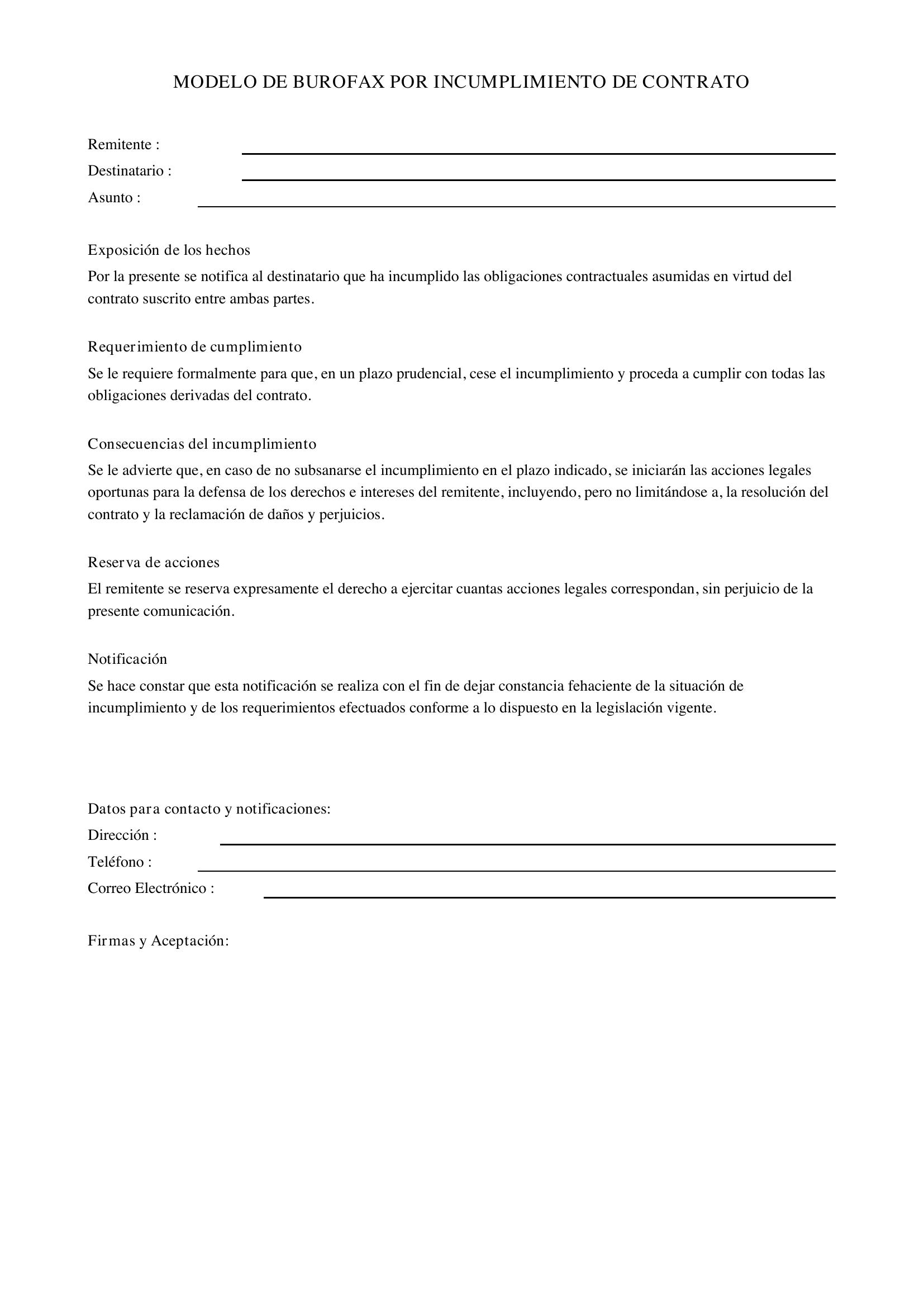 Modelo De Burofax Por Incumplimiento De Contrato