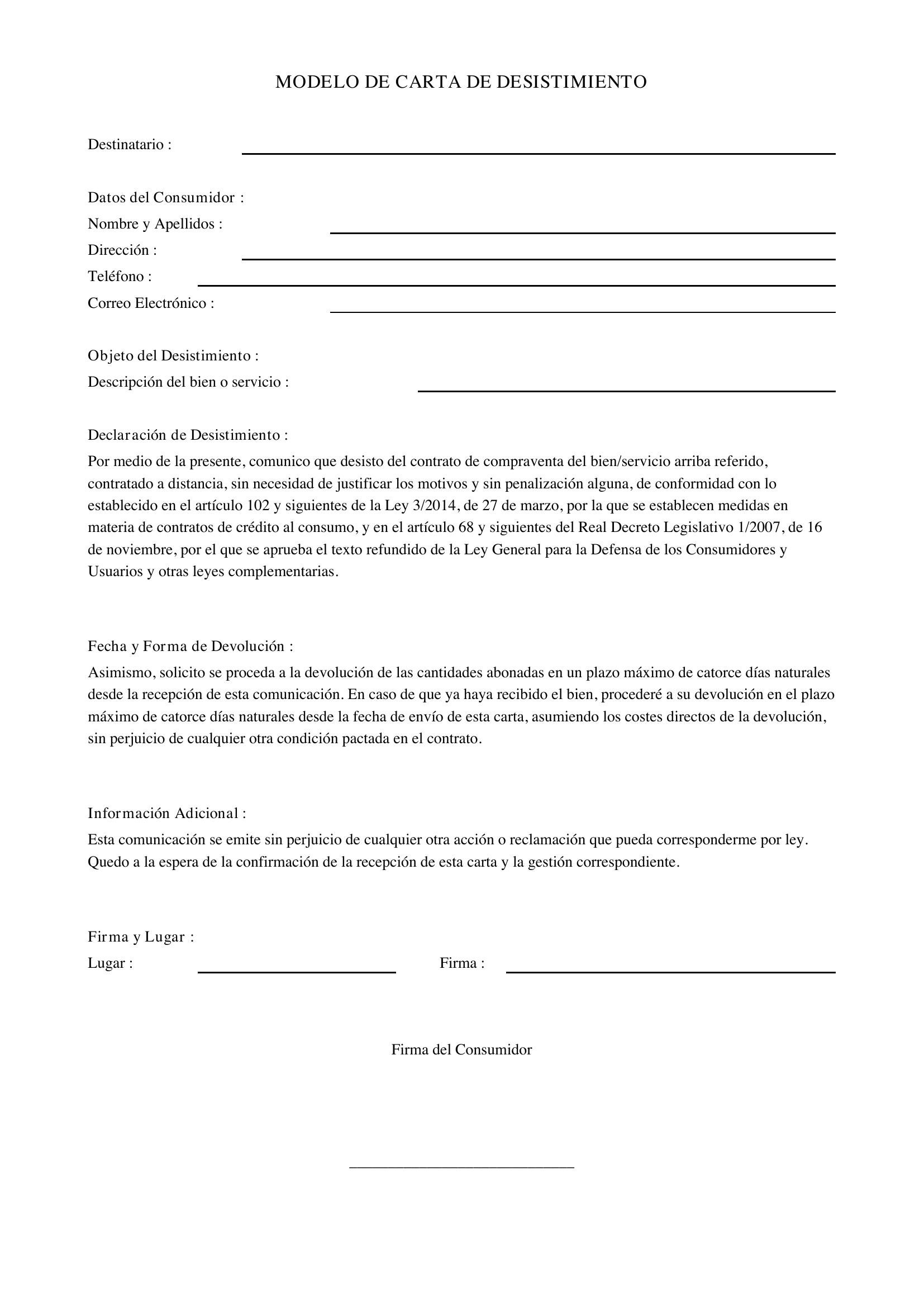 Modelo De Carta De Desistimiento