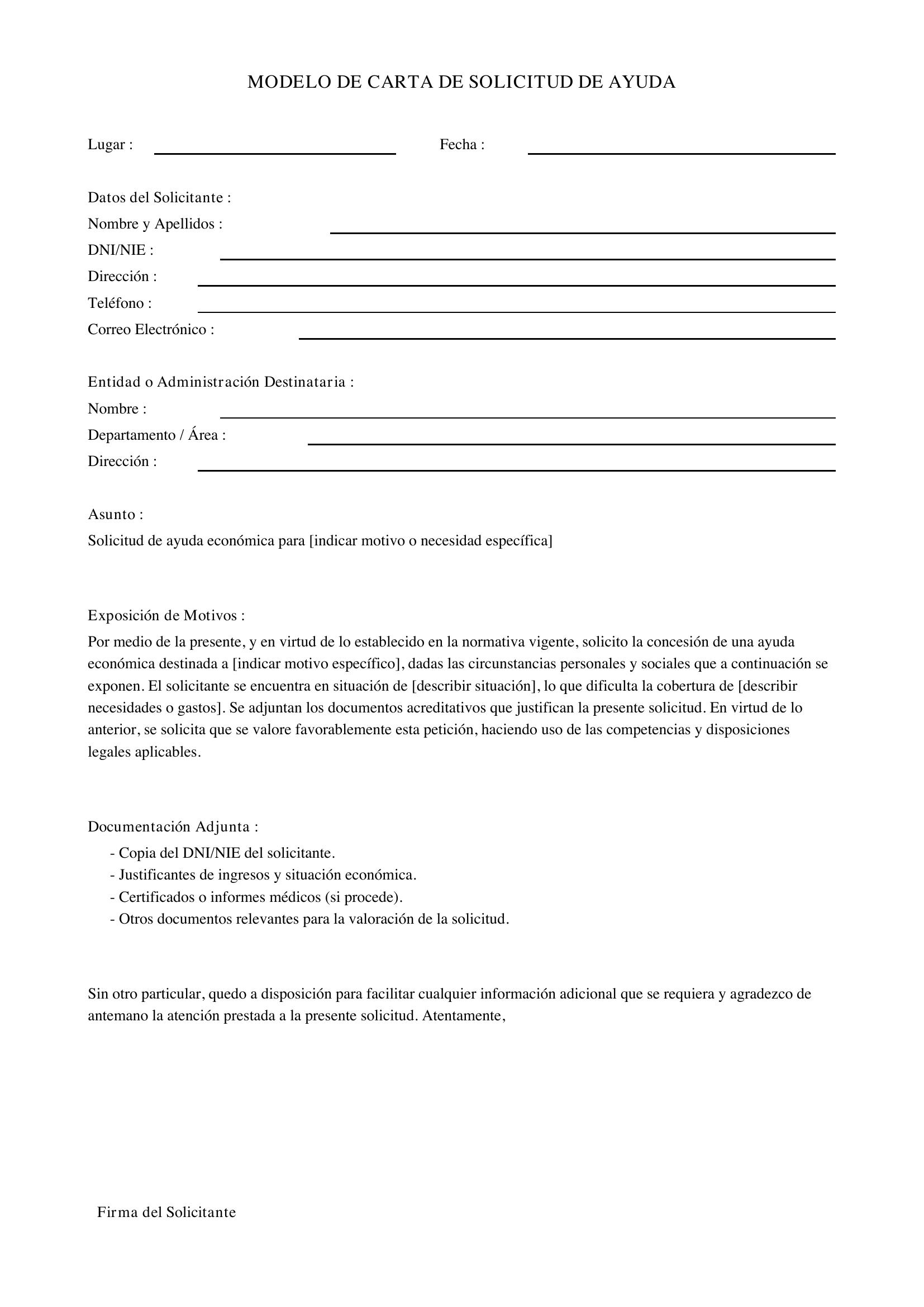 Modelo De Carta De Solicitud De Ayuda