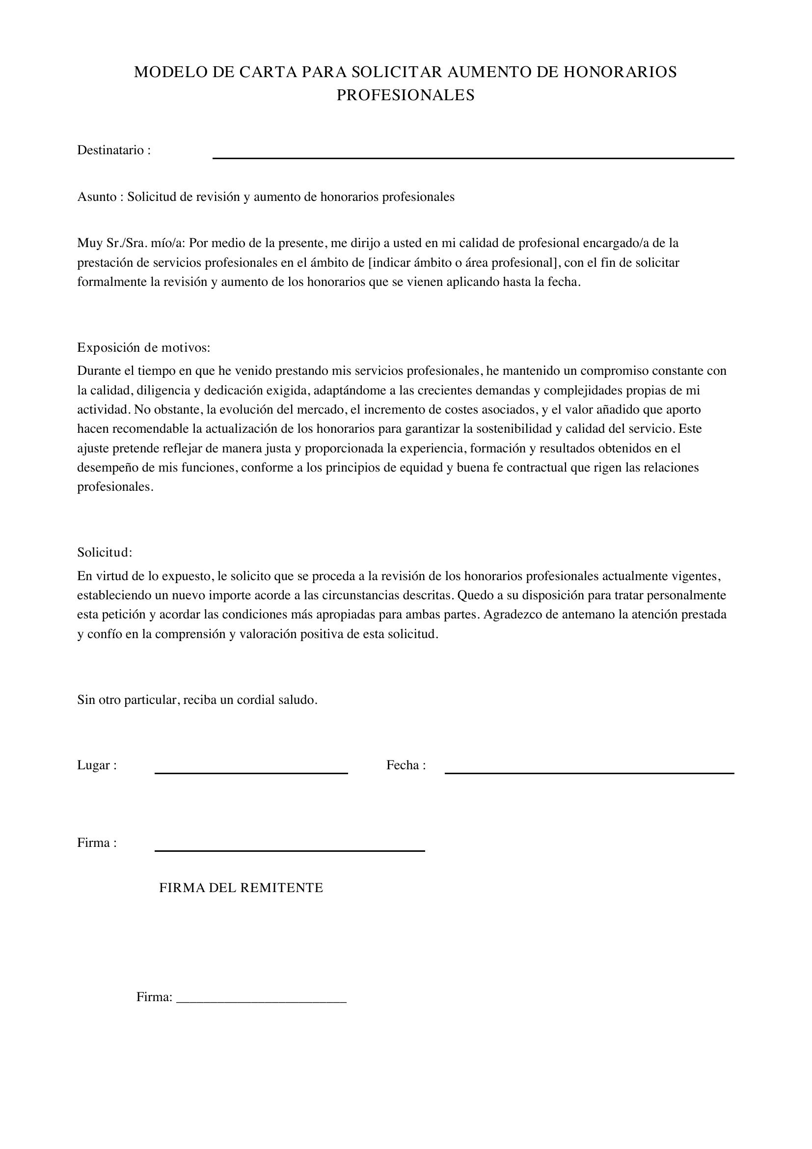 Modelo De Carta Para Solicitar Aumento De Honorarios Profesionales