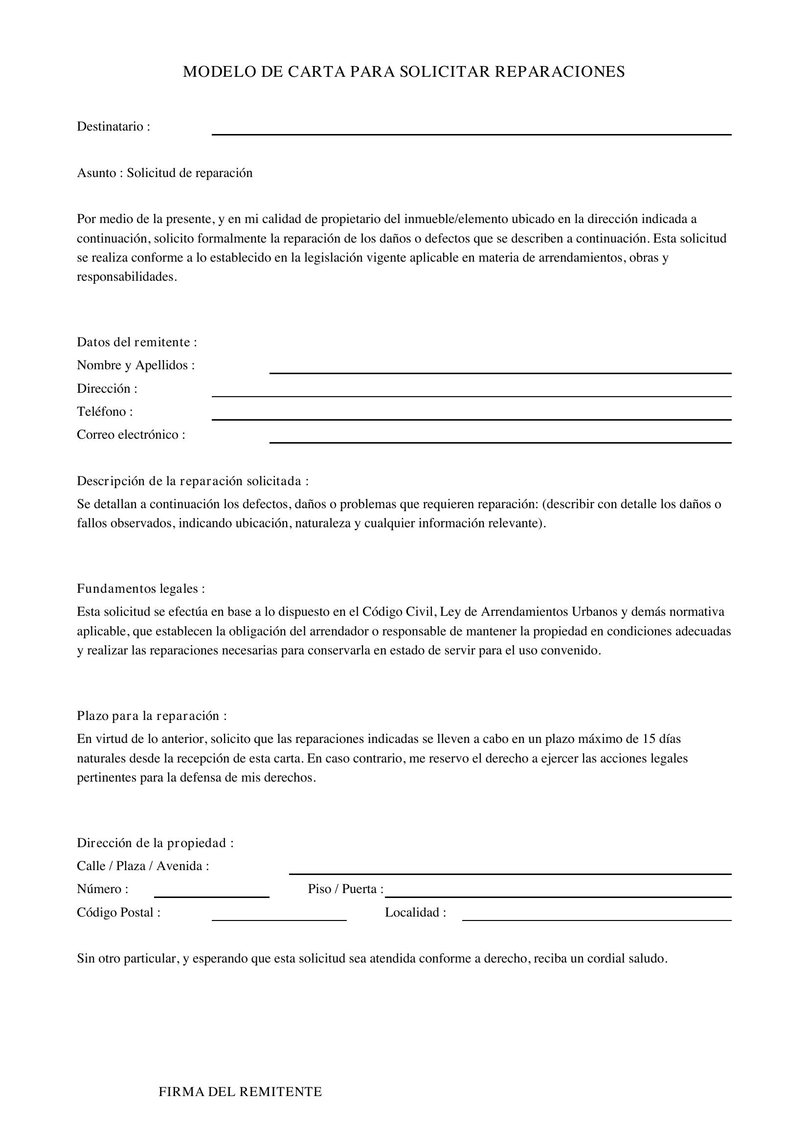 Modelo De Carta Para Solicitar Reparaciones