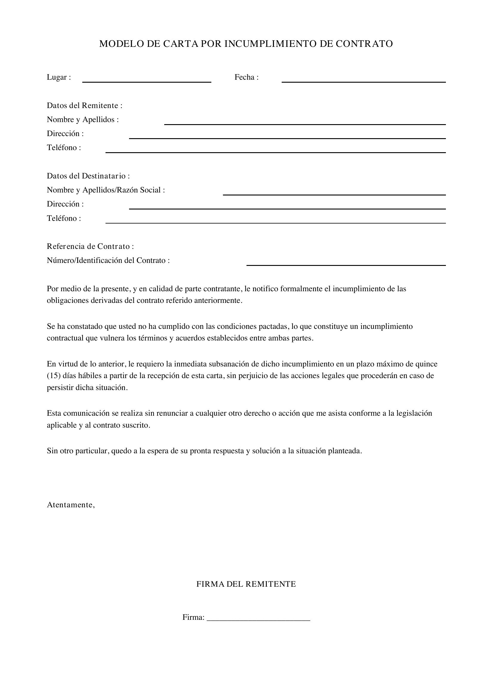 Modelo De Carta Por Incumplimiento De Contrato