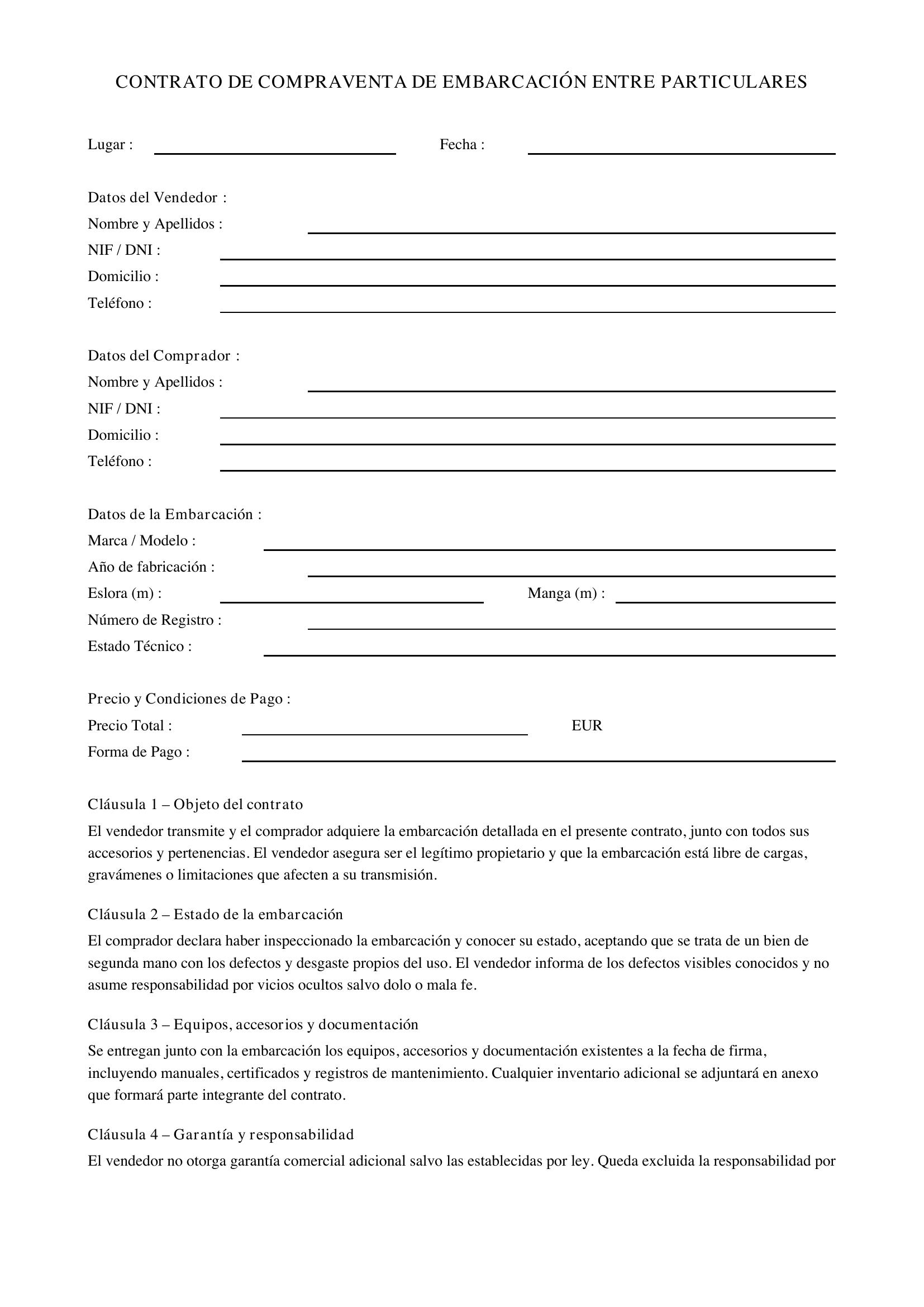 Modelo De Contrato De Compraventa De Embarcaciones Entre Particulares