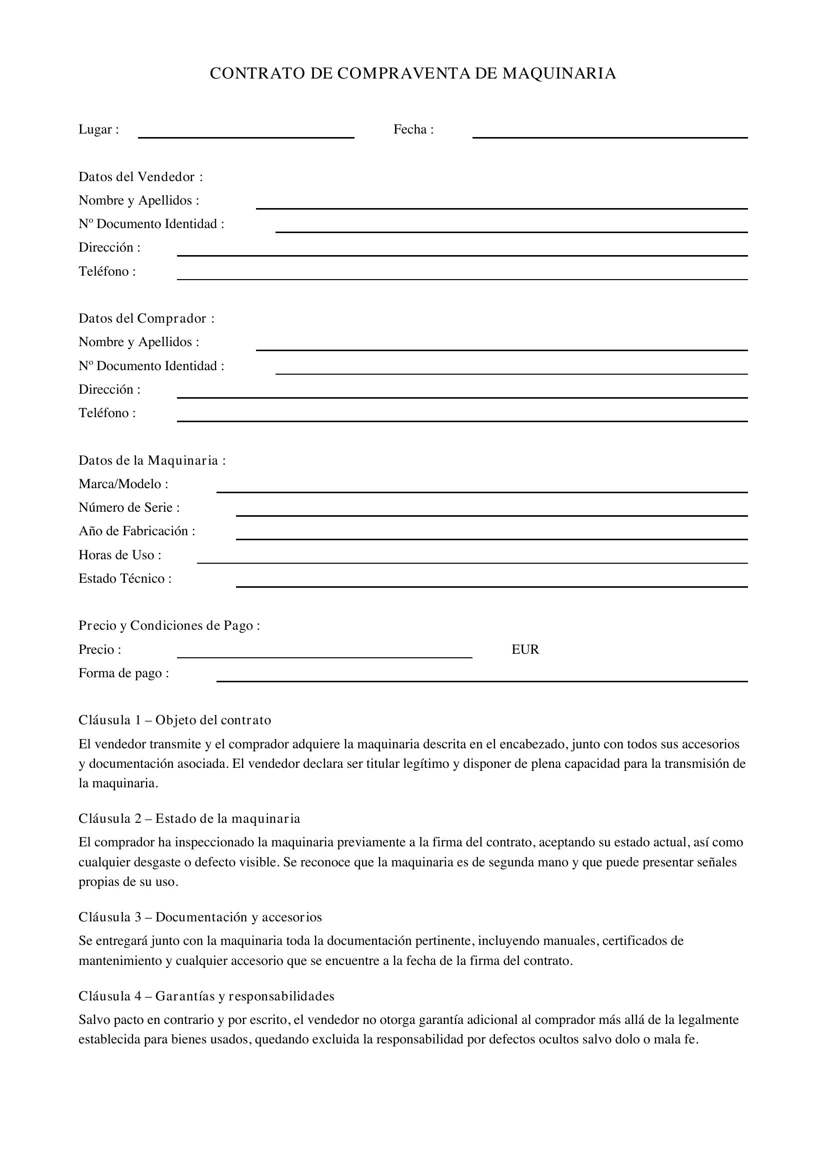 Modelo De Contrato De Compraventa De Maquinaria