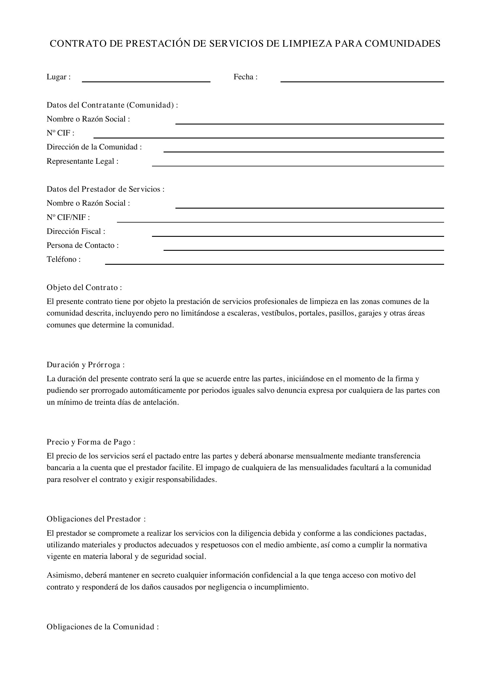 Modelo De Contrato De Limpieza Para Comunidades