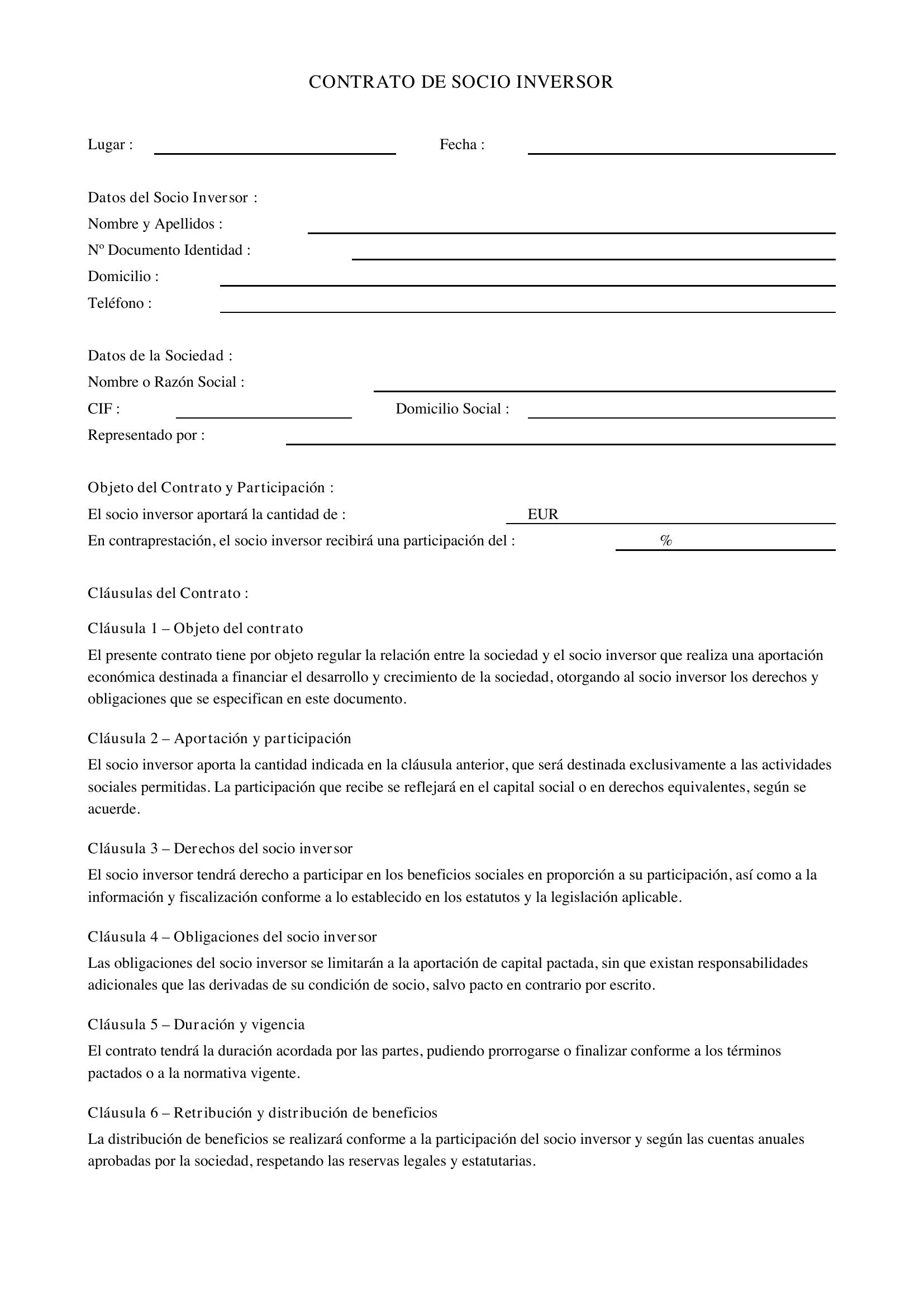 Modelo De Contrato De Socio Inversionista