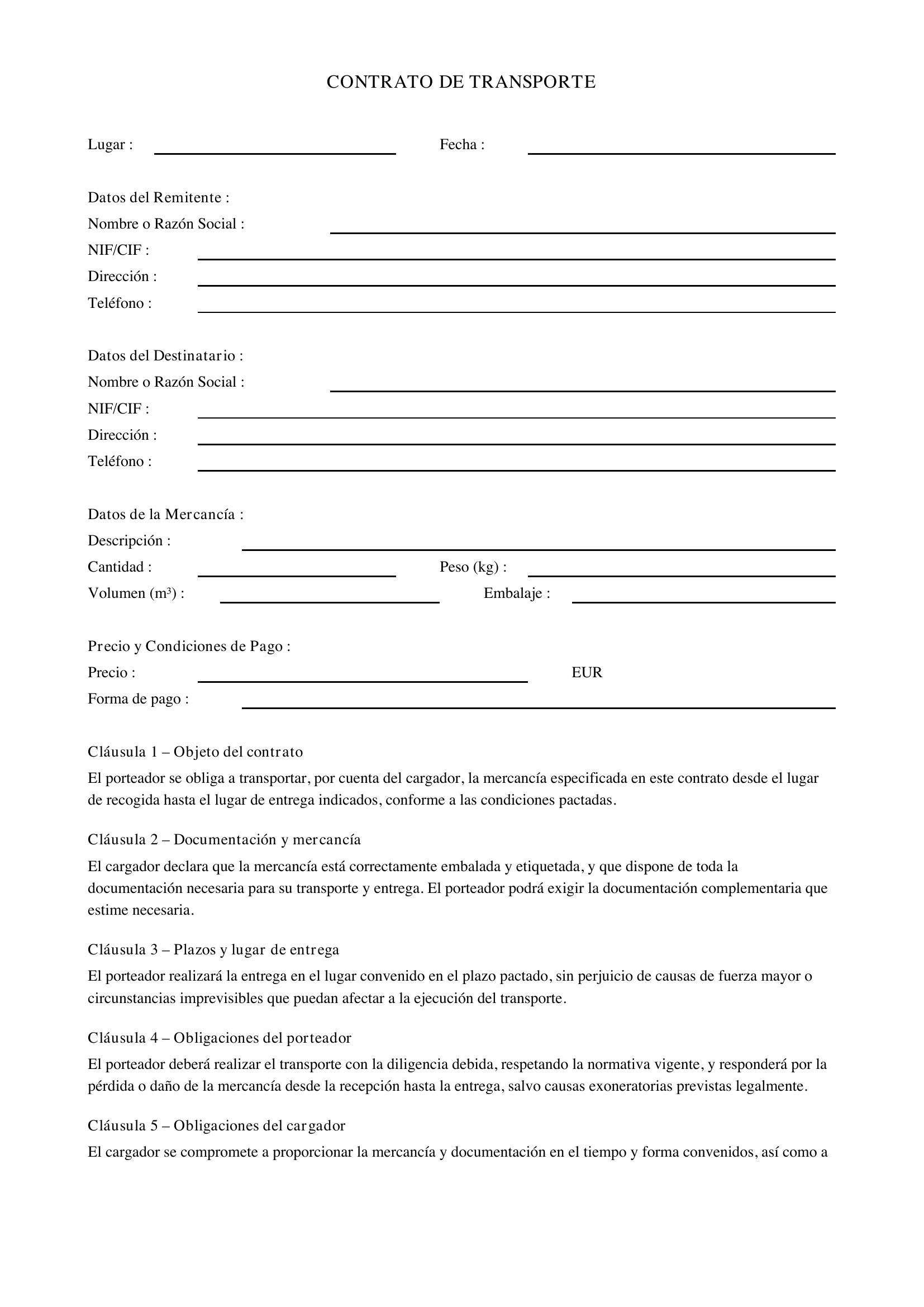 Modelo De Contrato De Transporte