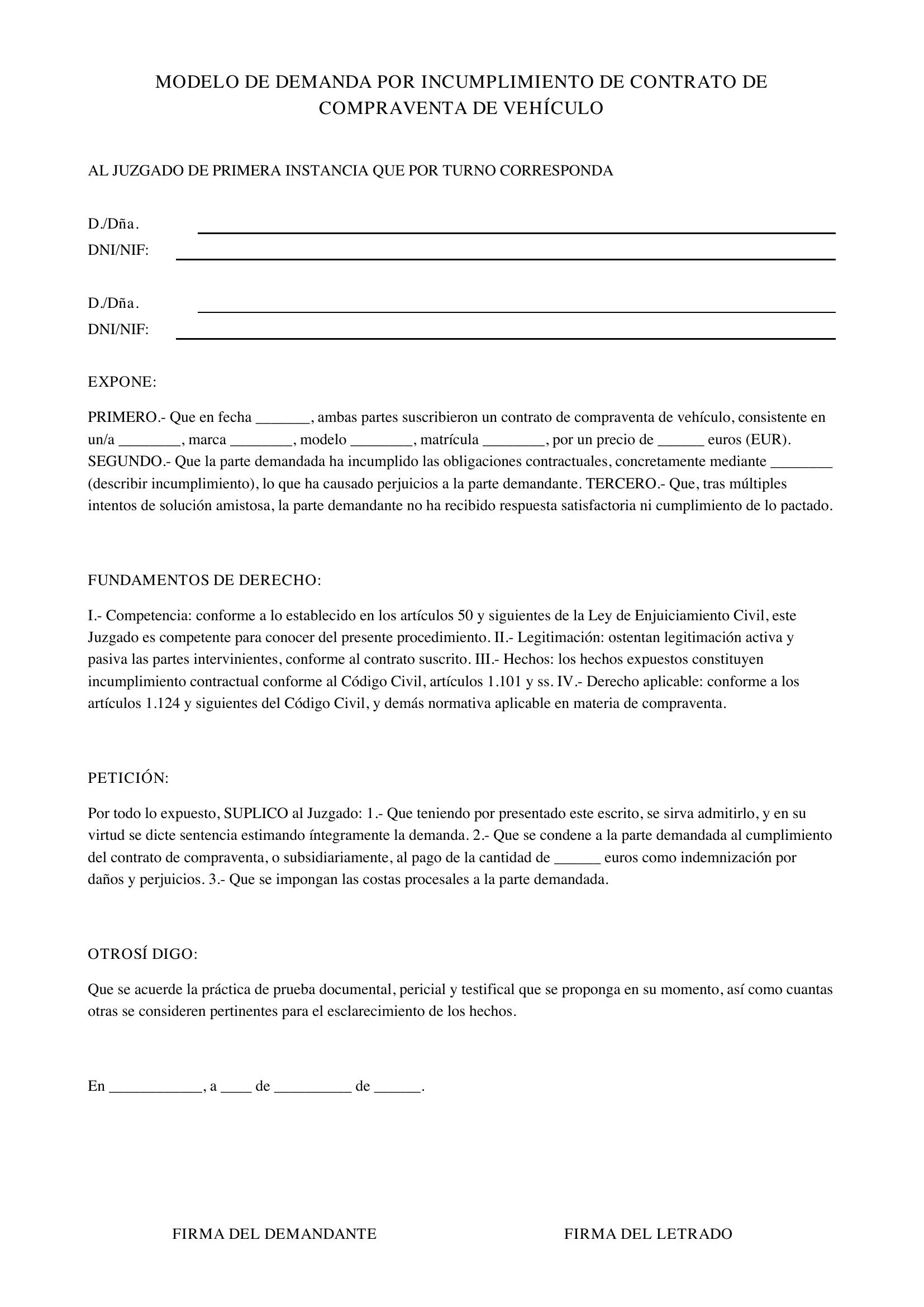 Modelo De Demanda Por Incumplimiento De Contrato De Compraventa De Vehículo