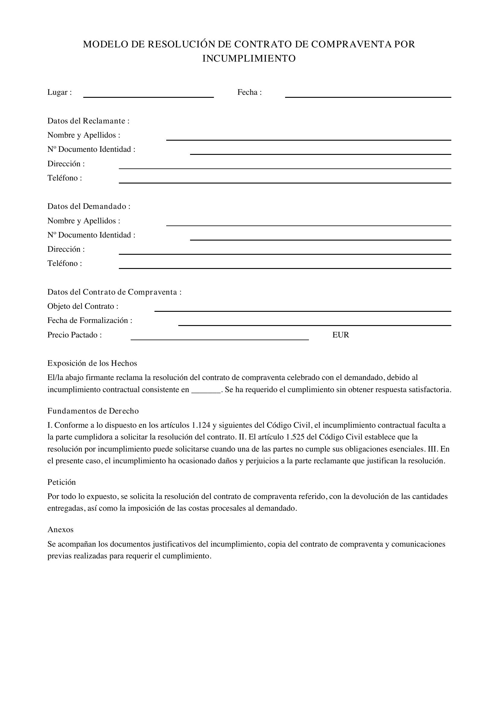 Modelo De Resolución De Contrato De Compraventa Por Incumplimiento