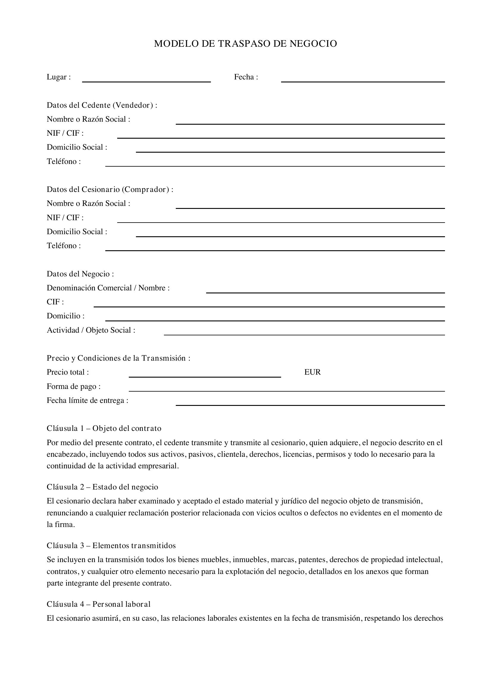 Modelo De Traspaso De Negocio