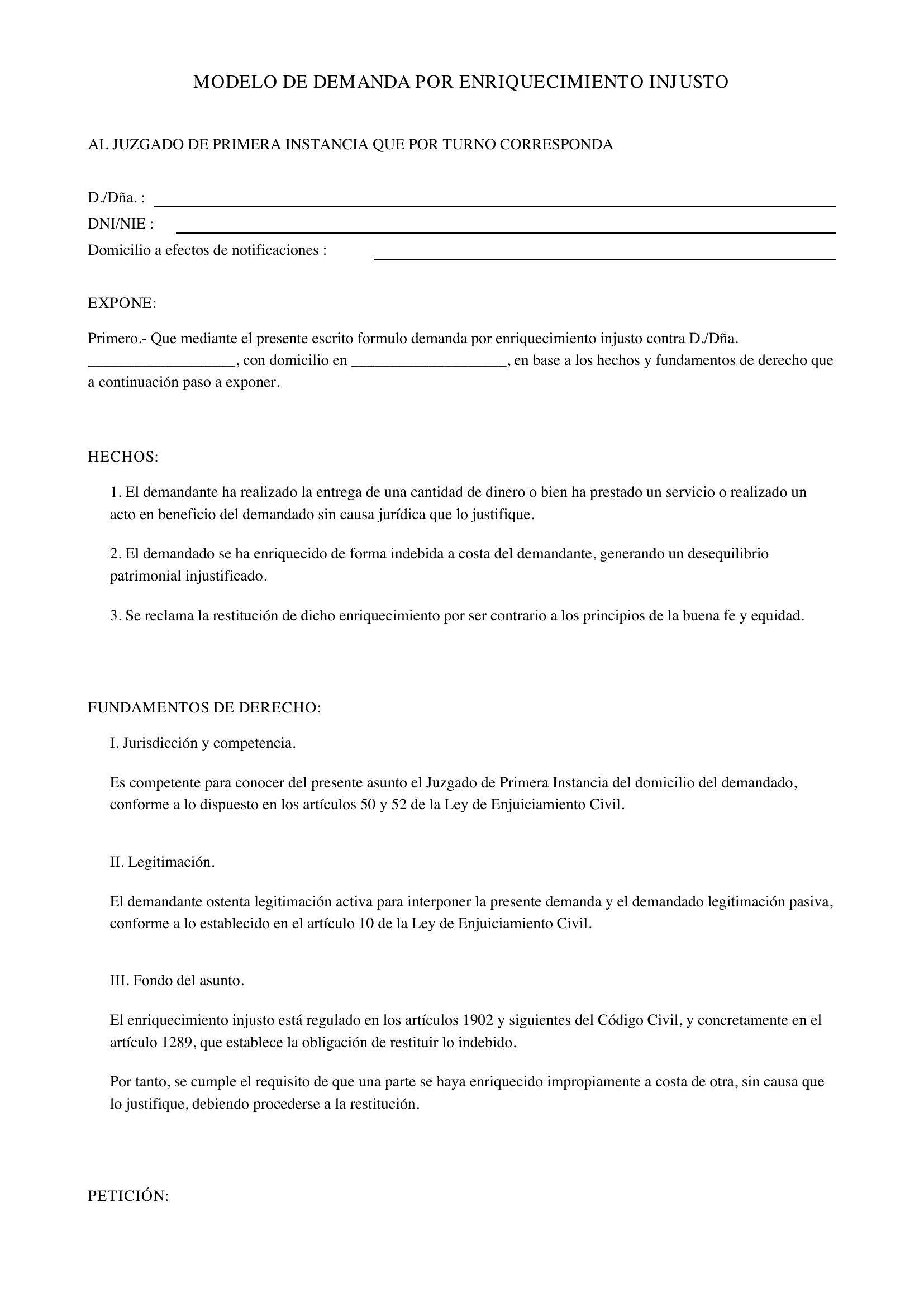 Modelo Demanda Enriquecimiento Injusto