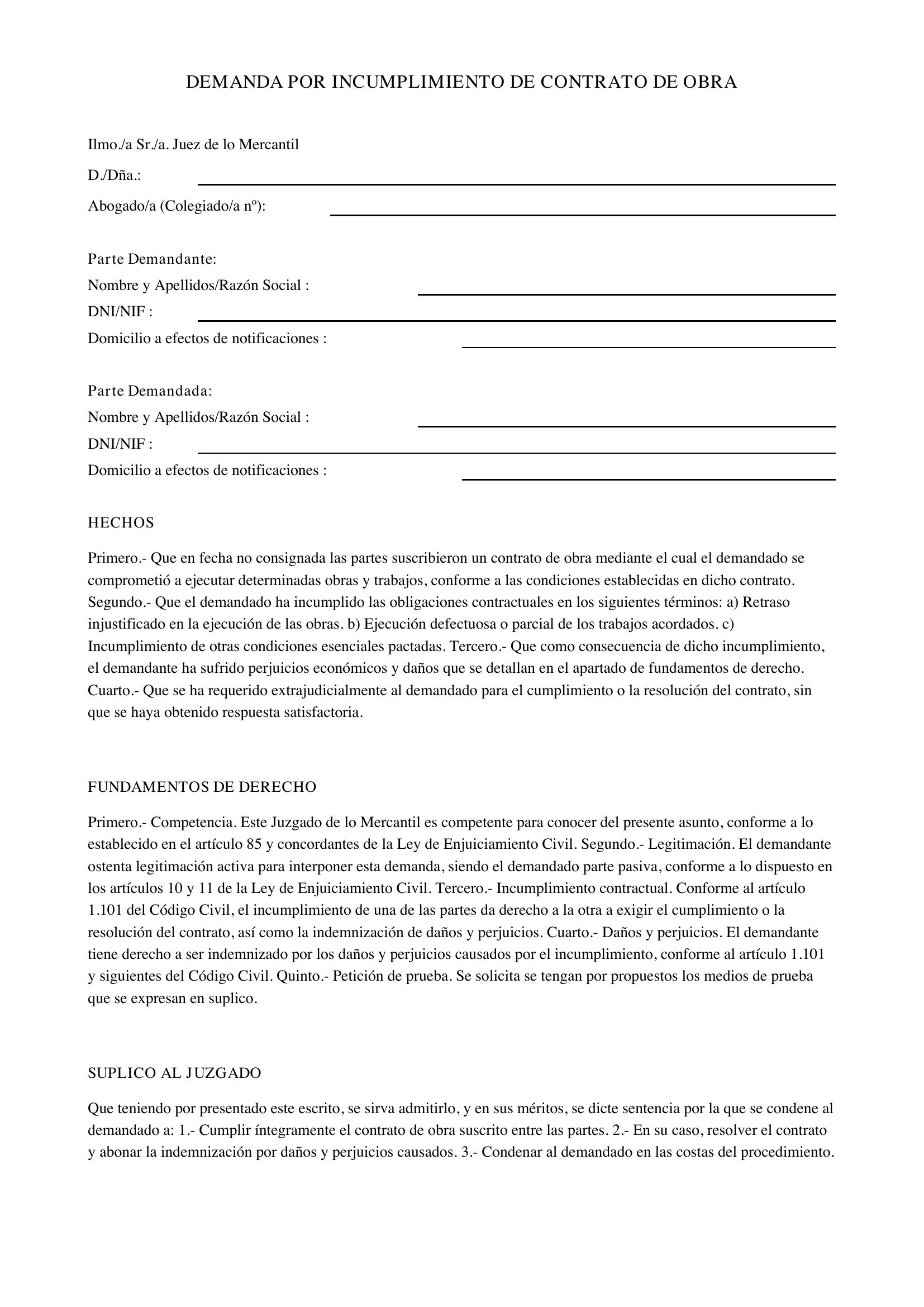 Modelo Demanda Por Incumplimiento De Contrato De Obra
