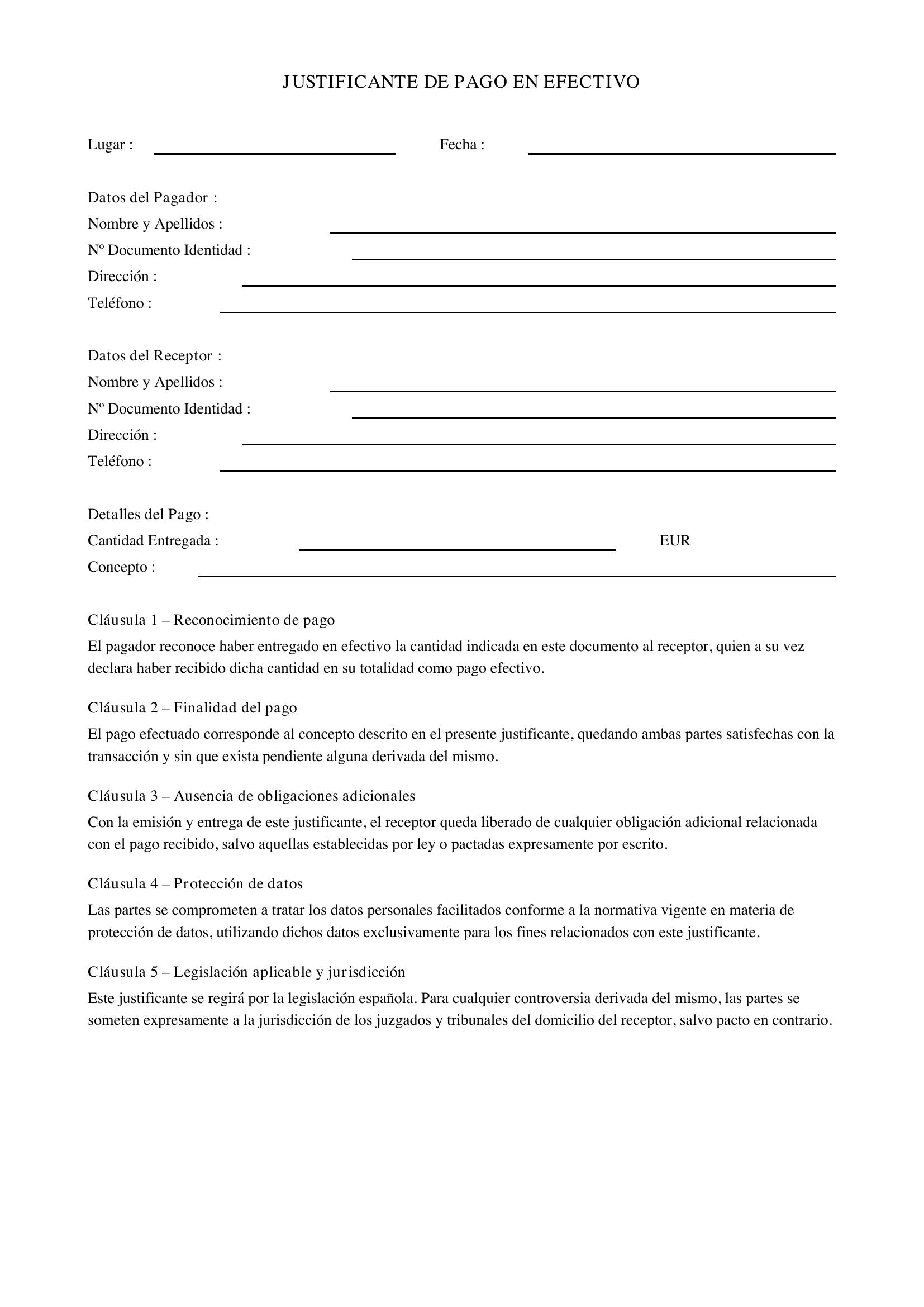 Modelo Justificante De Pago En Efectivo