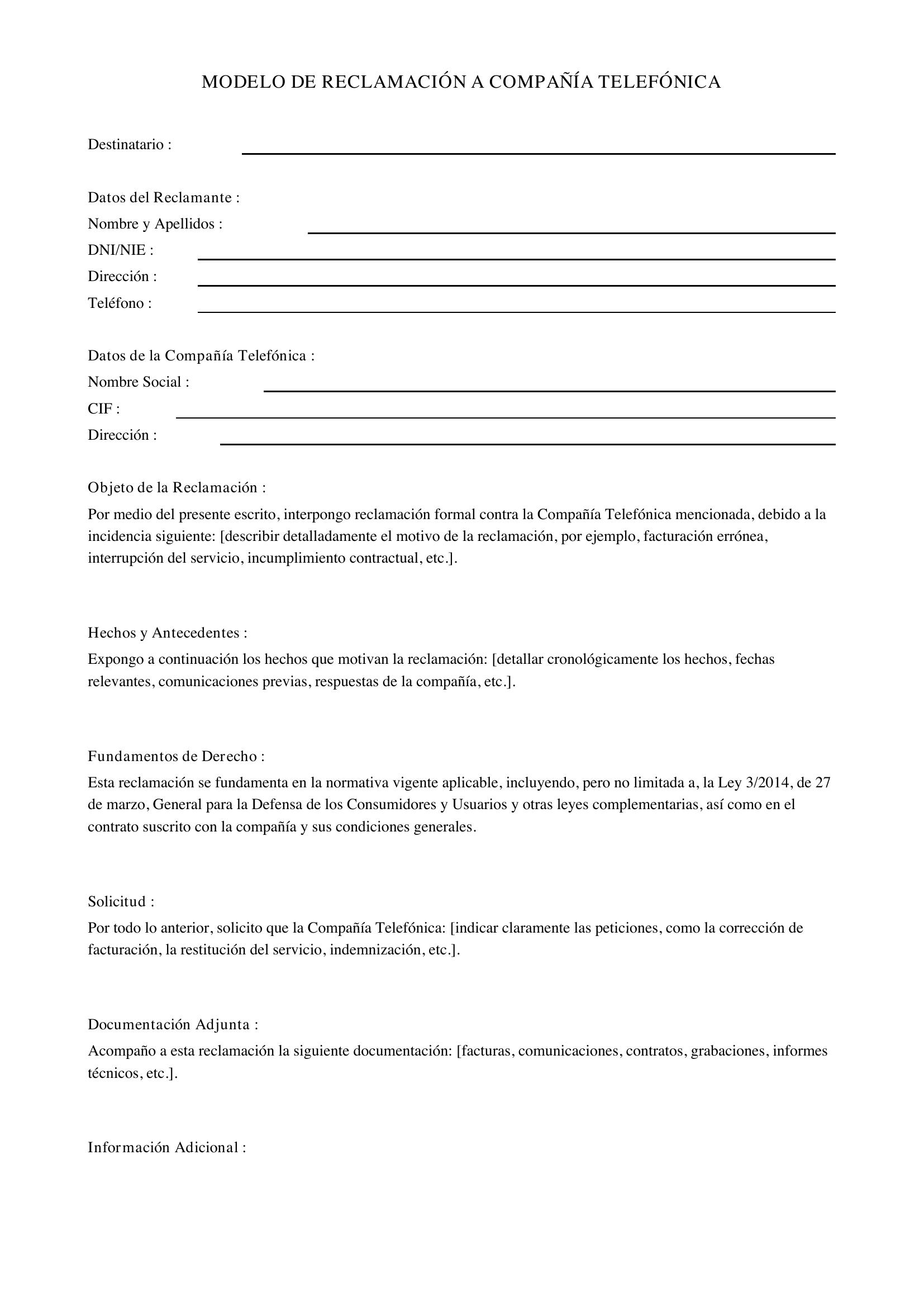 Modelo Reclamación Compañía Telefónica