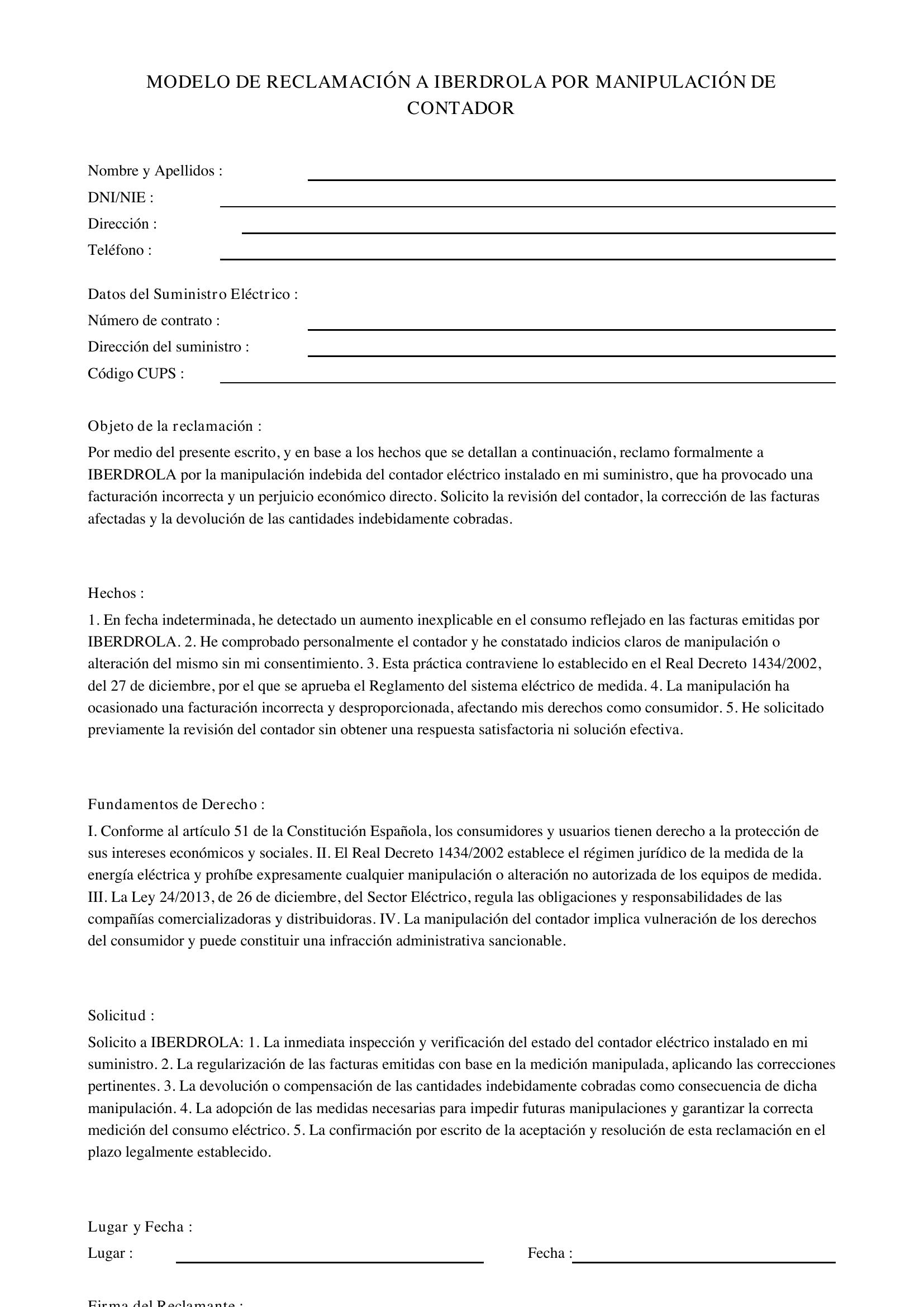 Modelo Reclamación Iberdrola Por Manipulación Contador